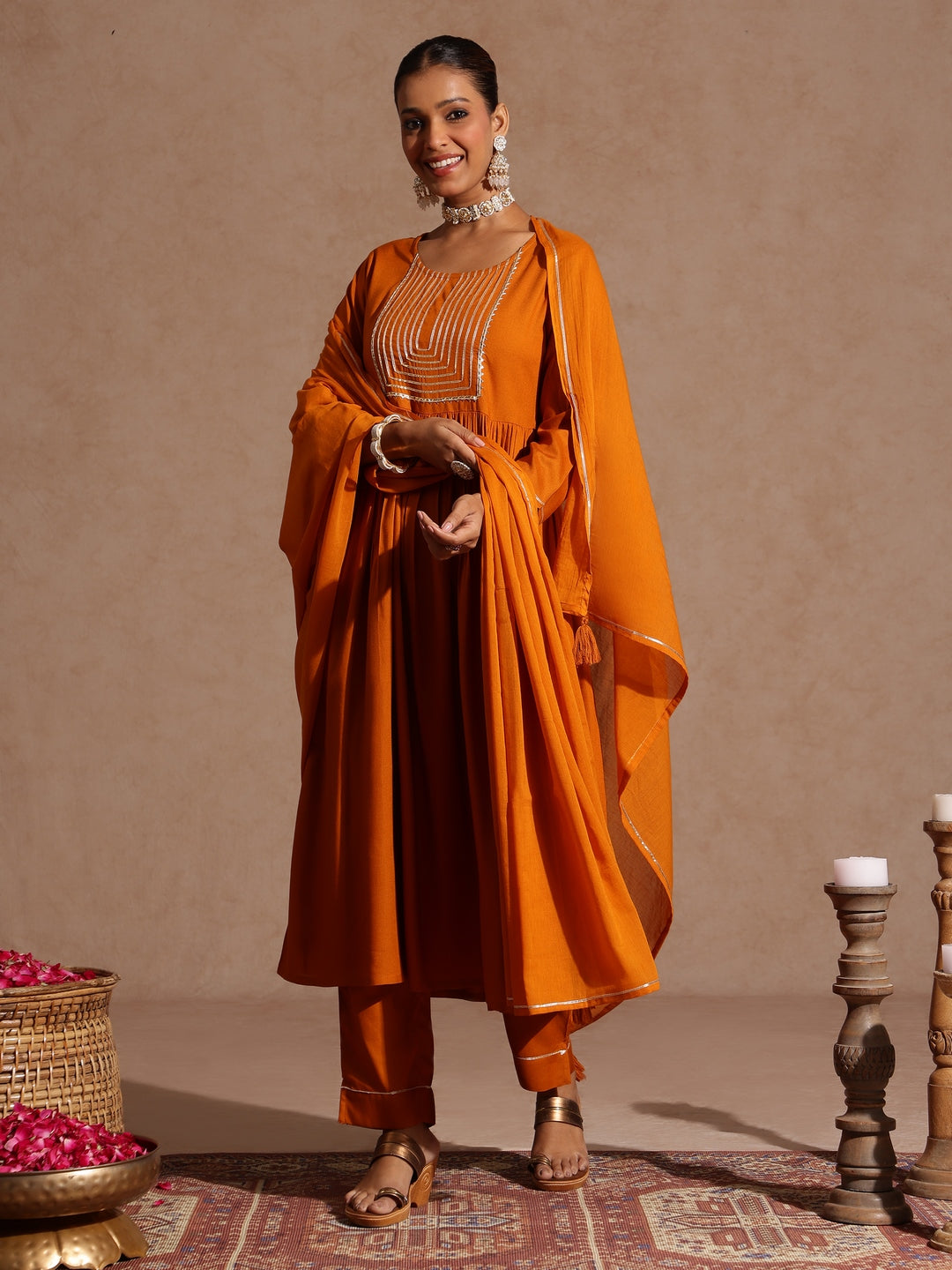 Ninnique Women's Mustard Rayon Yoke Design A-line Kurta Set