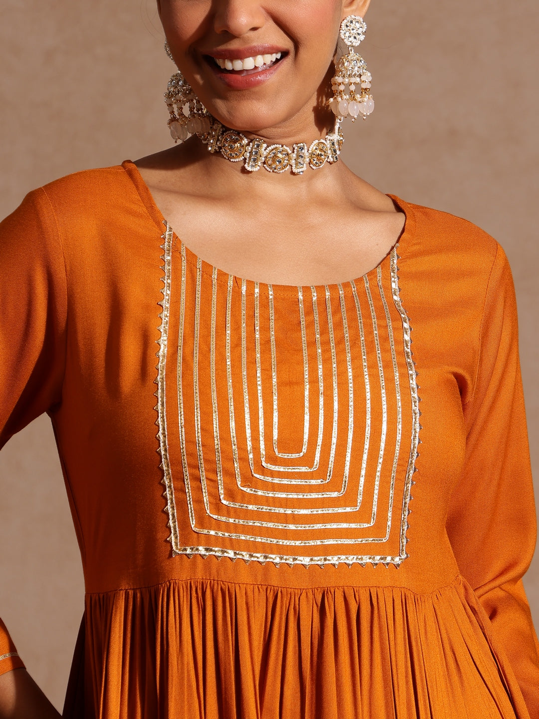 Ninnique Women's Mustard Rayon Yoke Design A-line Kurta Set