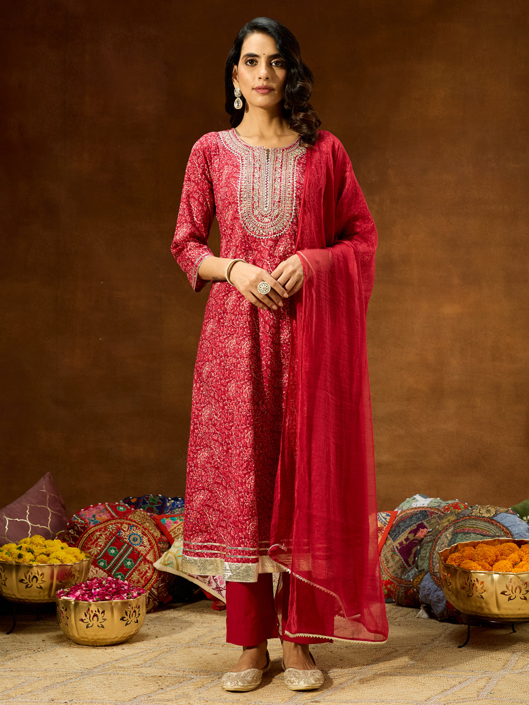 Ninnique Women's Maroon Pure Cotton Floral Printed Yoke Embroidered Anarkali Kurta Set