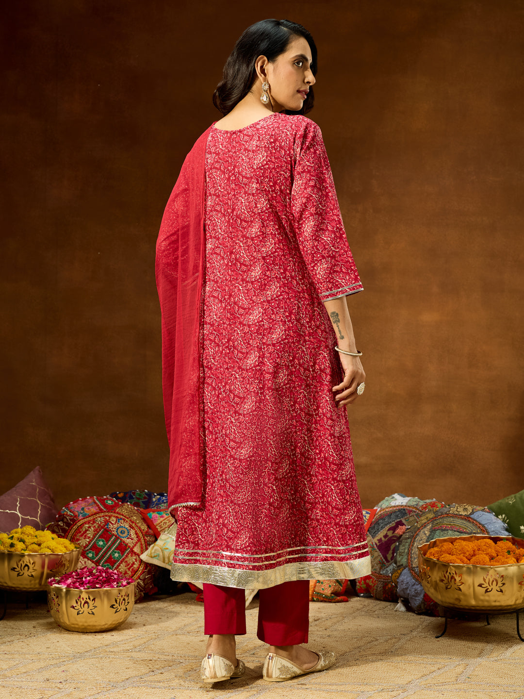 Ninnique Women's Maroon Pure Cotton Floral Printed Yoke Embroidered Anarkali Kurta Set