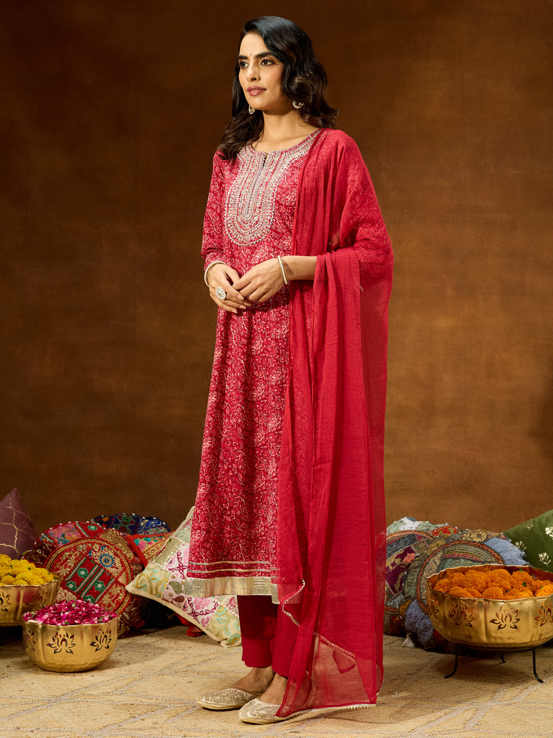 Ninnique Women's Maroon Pure Cotton Floral Printed Yoke Embroidered Anarkali Kurta Set