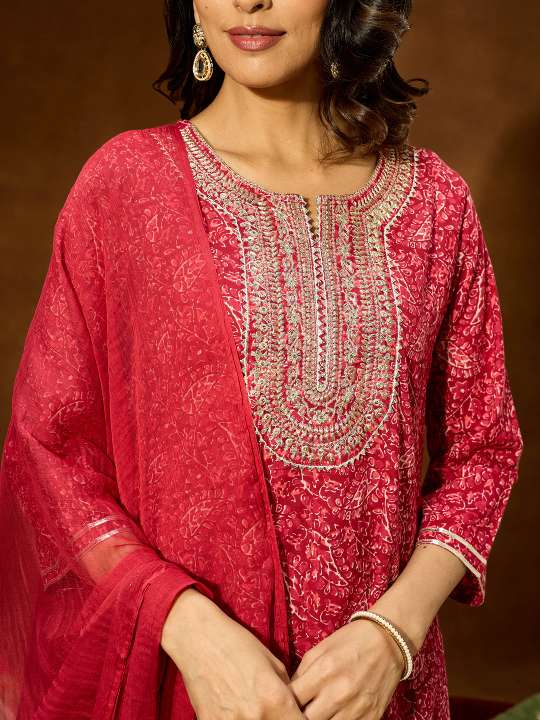 Ninnique Women's Maroon Pure Cotton Floral Printed Yoke Embroidered Anarkali Kurta Set