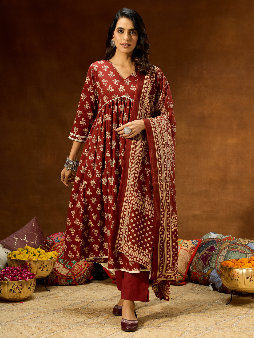 Ninnique Women's Brown Pure Cotton Floral Printed A-line Kurta Set