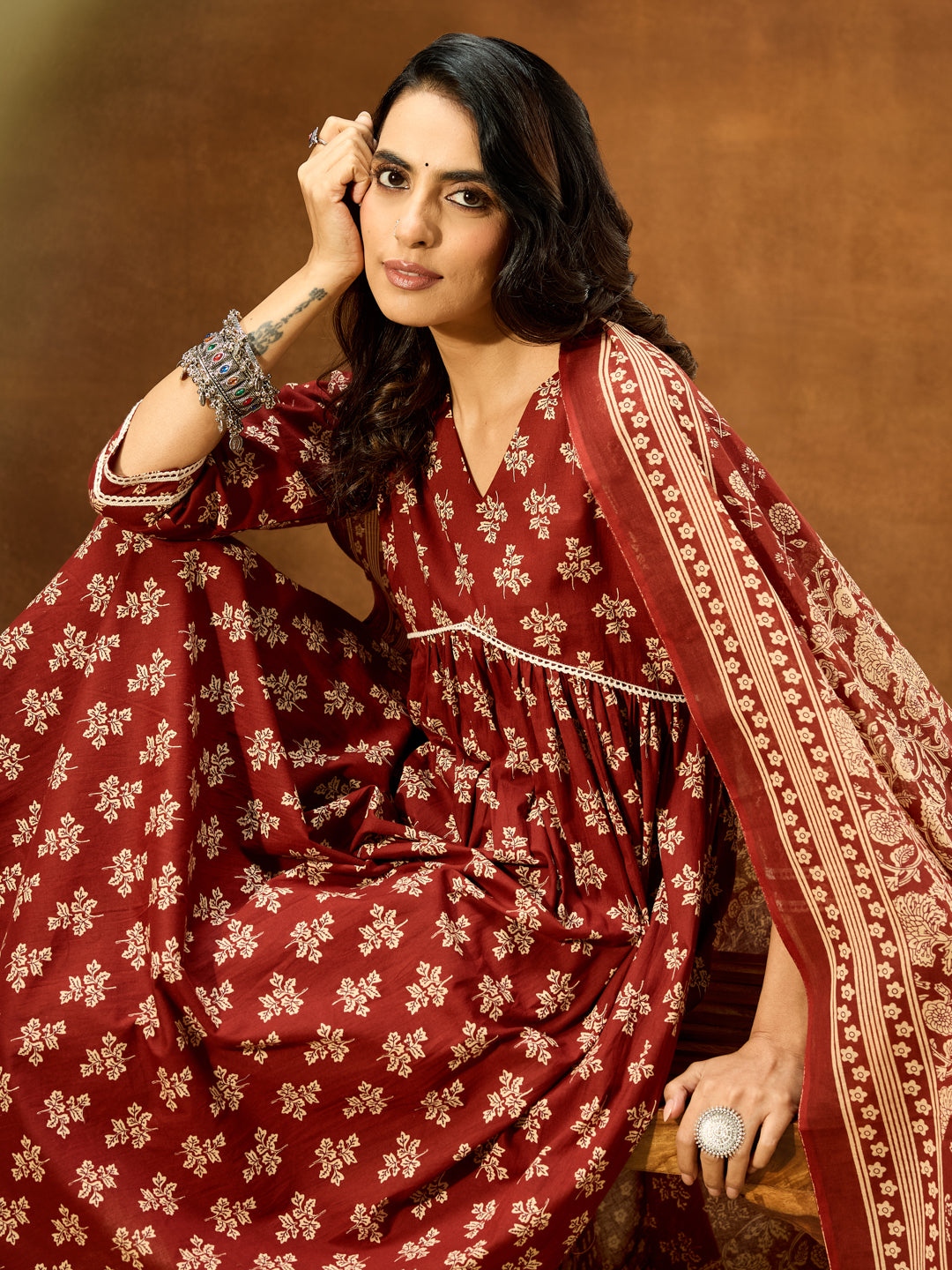 Ninnique Women's Brown Pure Cotton Floral Printed A-line Kurta Set