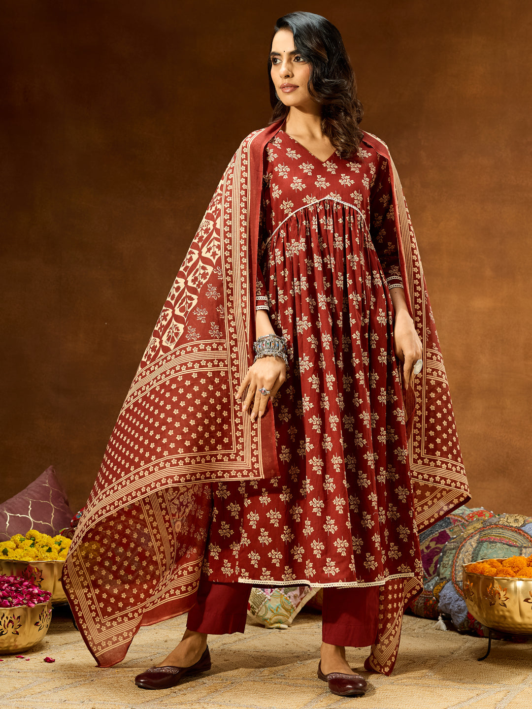Ninnique Women's Brown Pure Cotton Floral Printed A-line Kurta Set