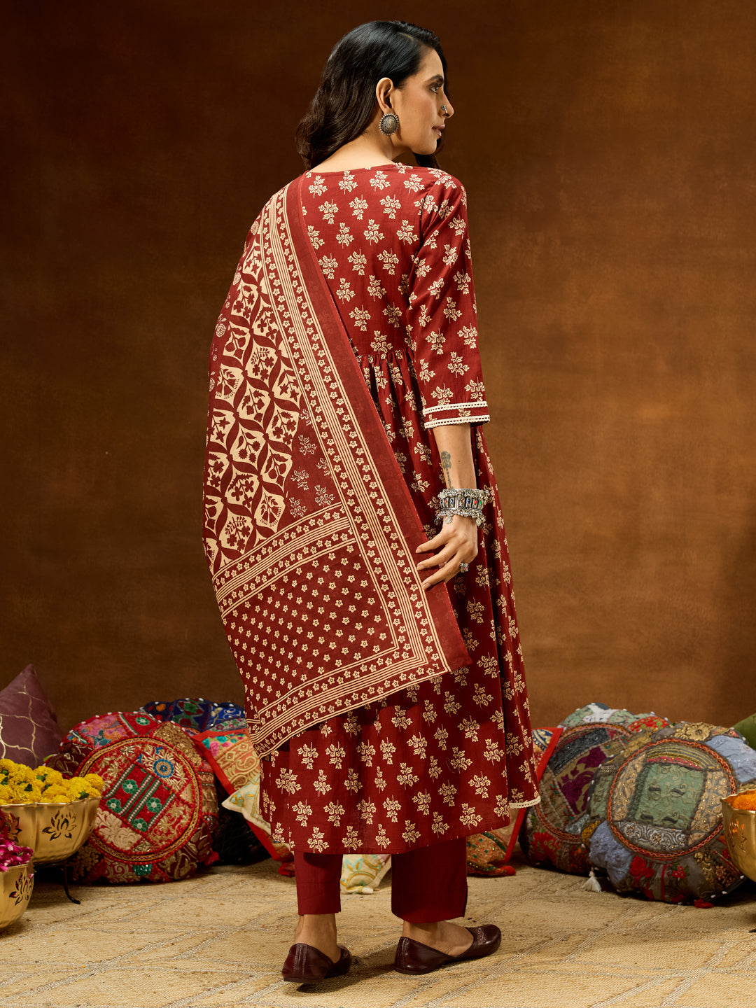 Ninnique Women's Brown Pure Cotton Floral Printed A-line Kurta Set