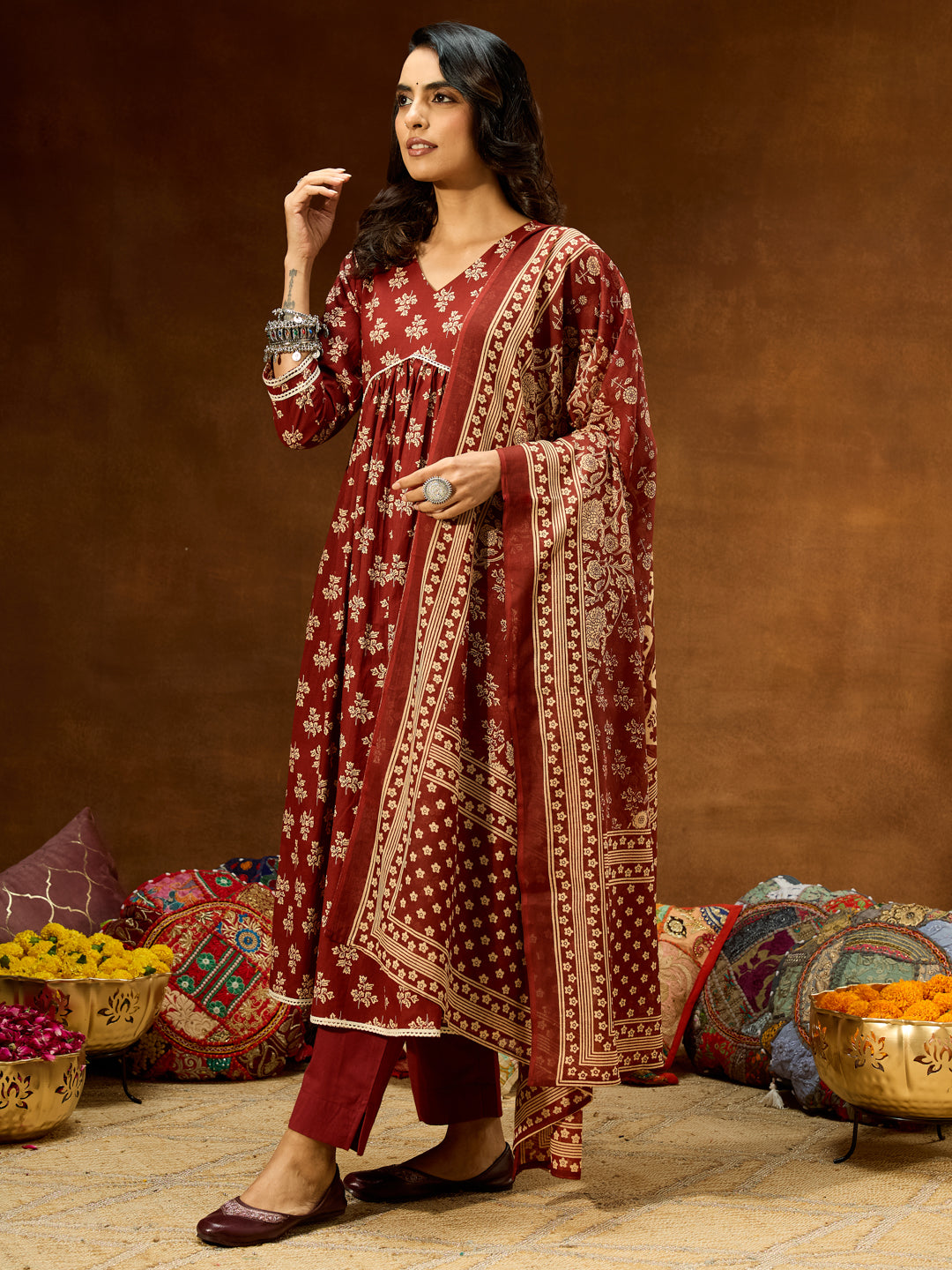 Ninnique Women's Brown Pure Cotton Floral Printed A-line Kurta Set