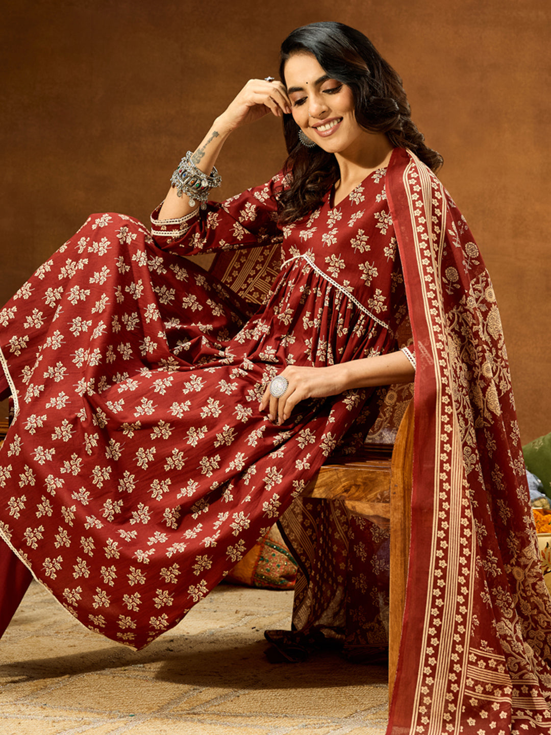 Ninnique Women's Brown Pure Cotton Floral Printed A-line Kurta Set