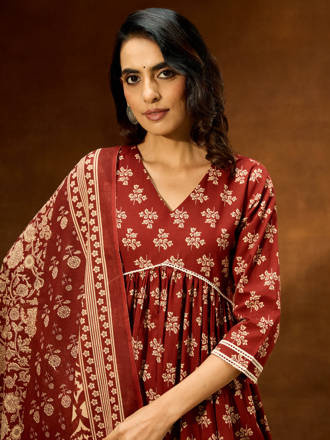 Ninnique Women's Brown Pure Cotton Floral Printed A-line Kurta Set