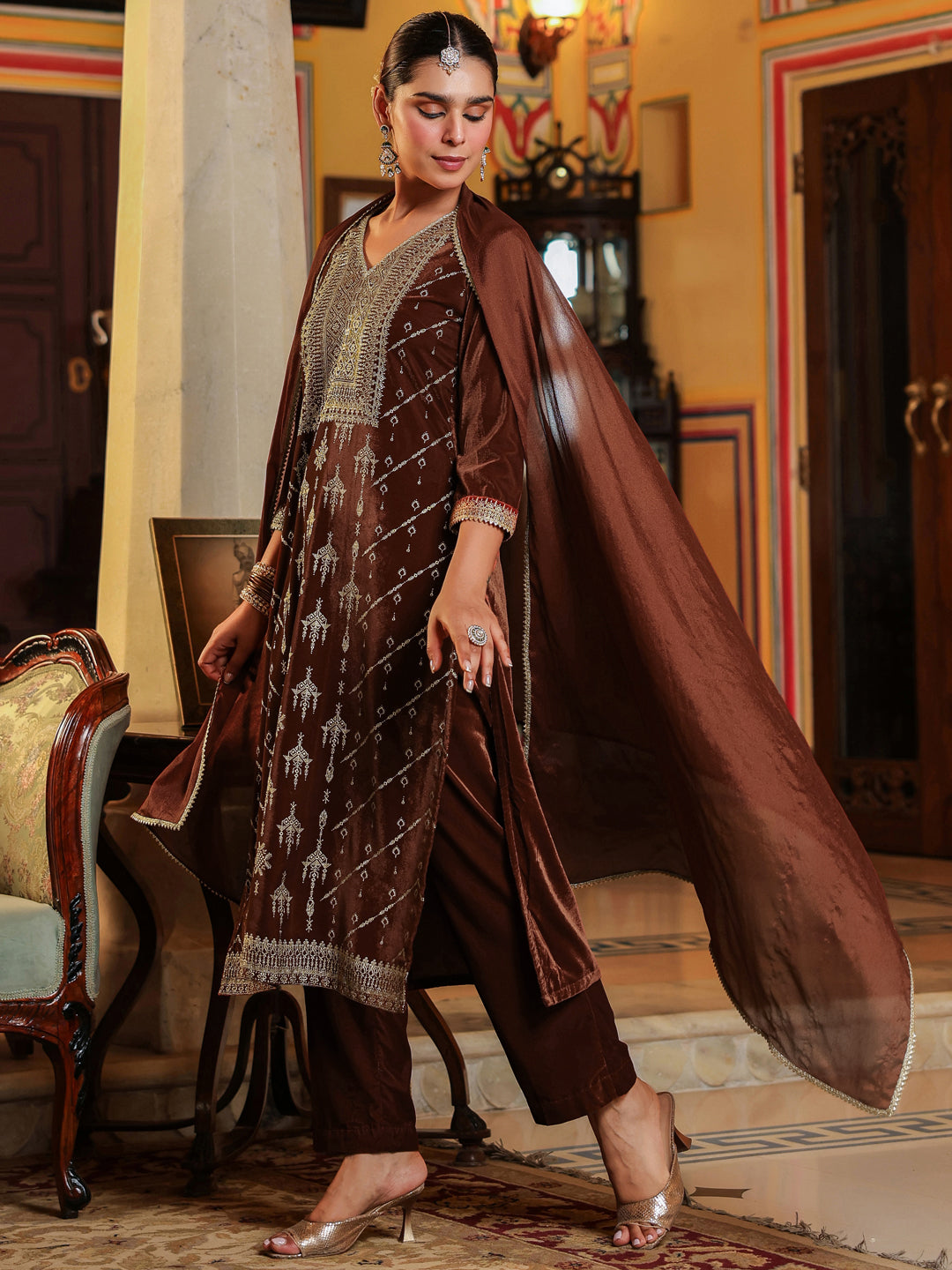 Ninnique Women's Brown Velvet Embellished Gold Printed Straight Kurta Set