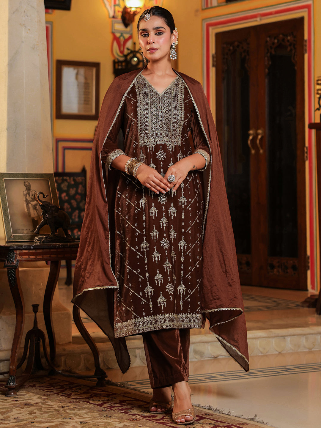 Ninnique Women's Brown Velvet Embellished Gold Printed Straight Kurta Set