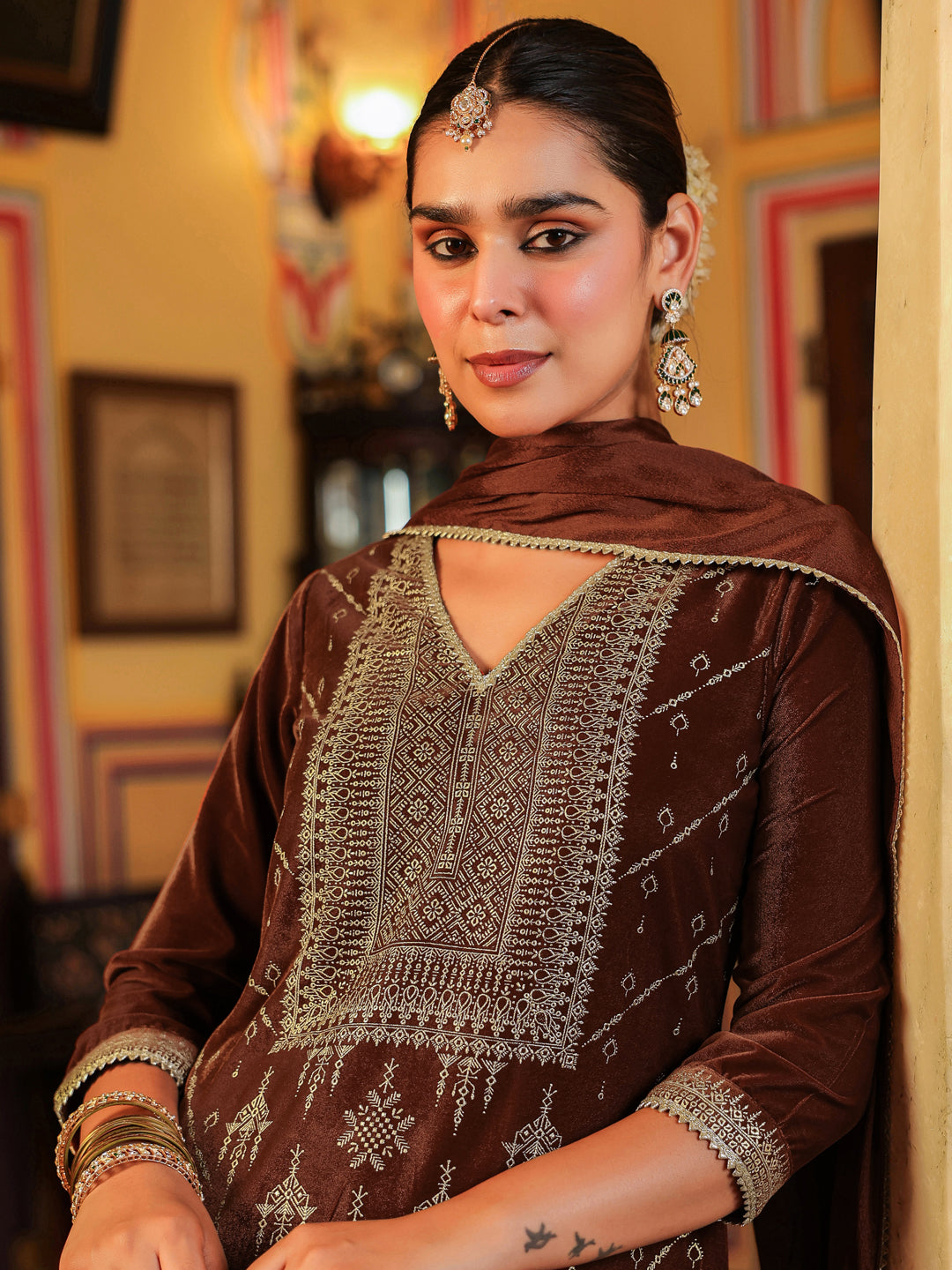 Ninnique Women's Brown Velvet Embellished Gold Printed Straight Kurta Set