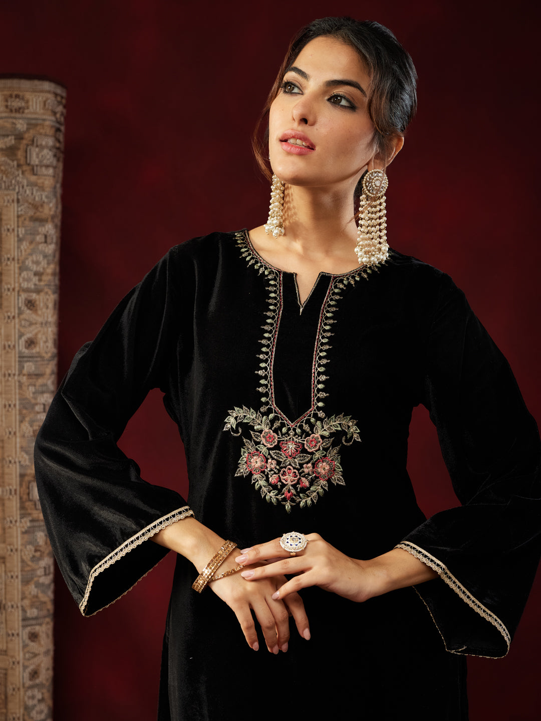 Ninnique Women's Black Velvet Yoke Embroidered Straight Kurta Set