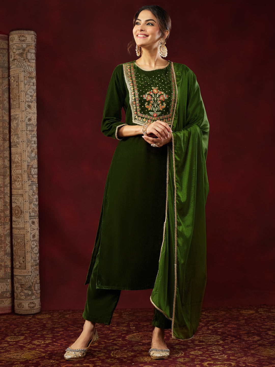 Ninnique Women's Olive Green Velvet Yoke Embroidered Straight Kurta Set