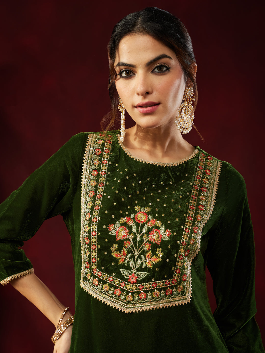 Ninnique Women's Olive Green Velvet Yoke Embroidered Straight Kurta Set