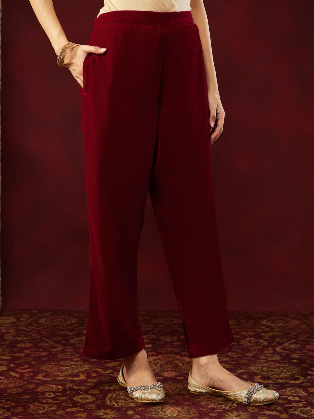 Ninnique Women's Red Velvet Zari Yoke Embroidered Straight Kurta Set
