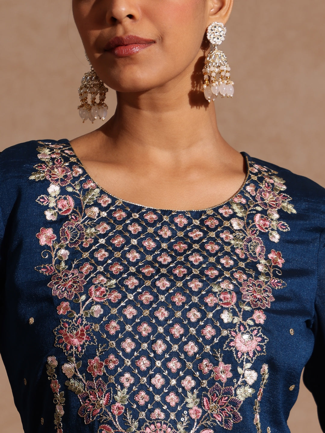 Ninnique Women's Teal Blue Silk Blend Zari Embroidered Straight Kurta Set