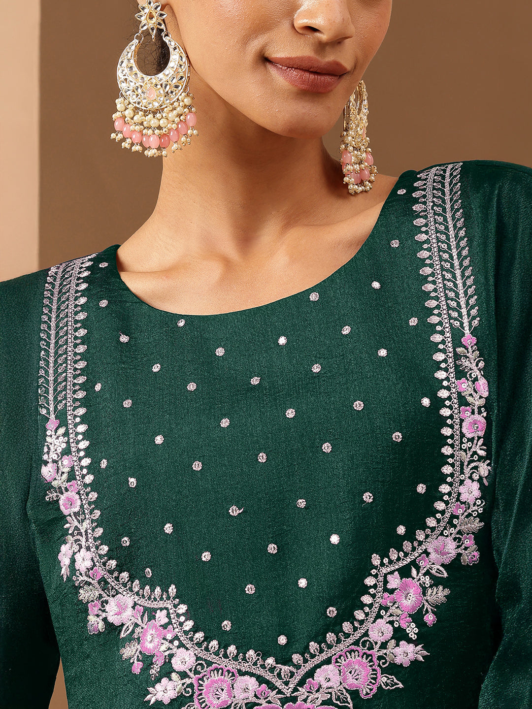 Ninnique Women's Bottle Green Silk Blend Zari Embroidered Straight Kurta Set