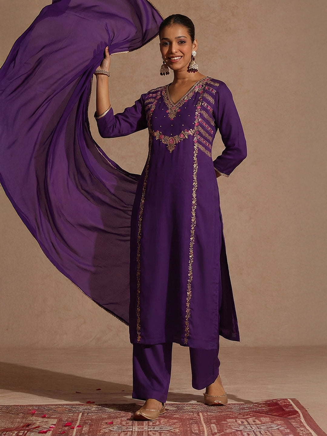 Ninnique Women's Purple Silk Blend Embroidered Straight Kurta Set