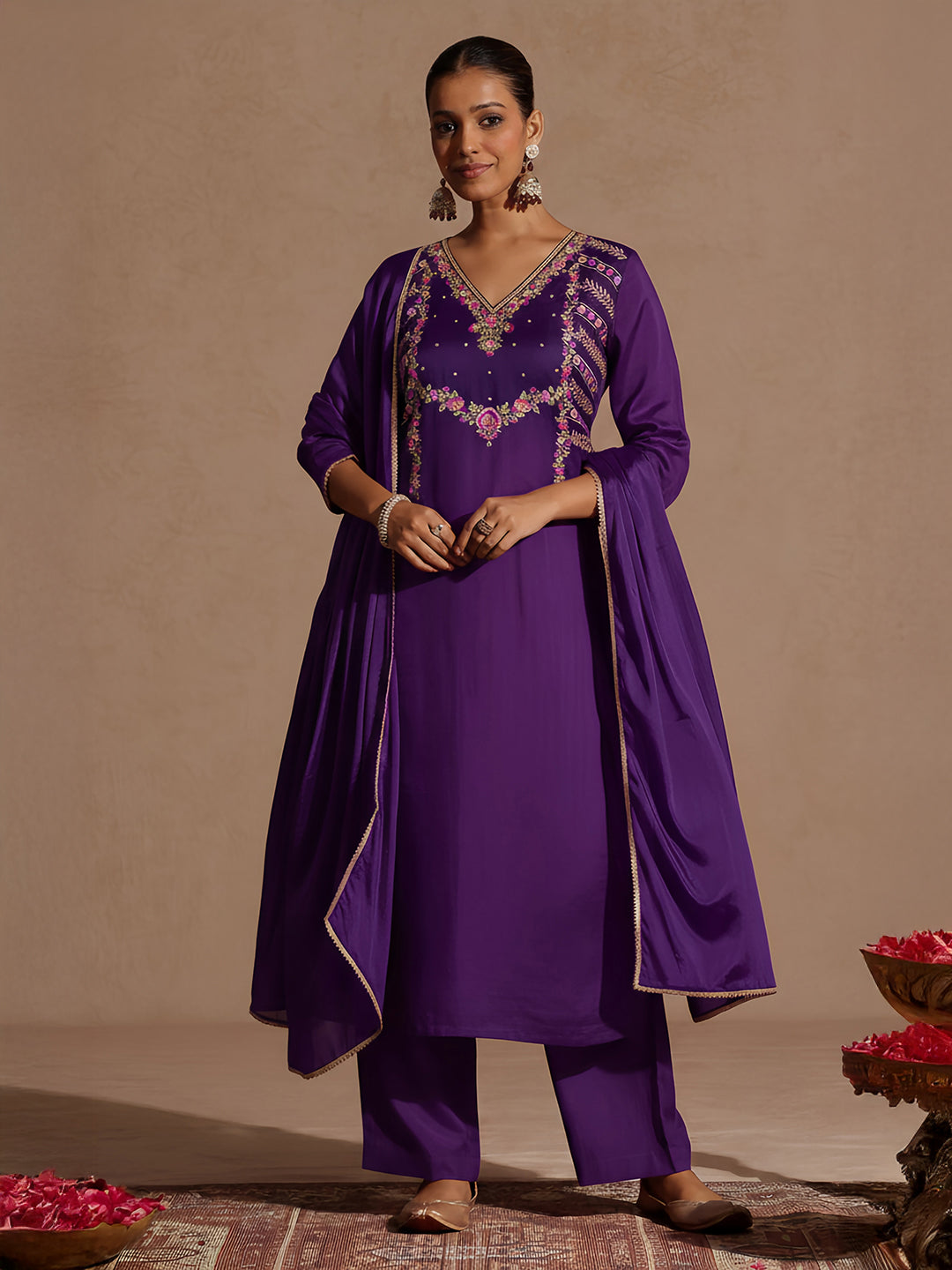 Ninnique Women's Purple Silk Blend Embroidered Straight Kurta Set