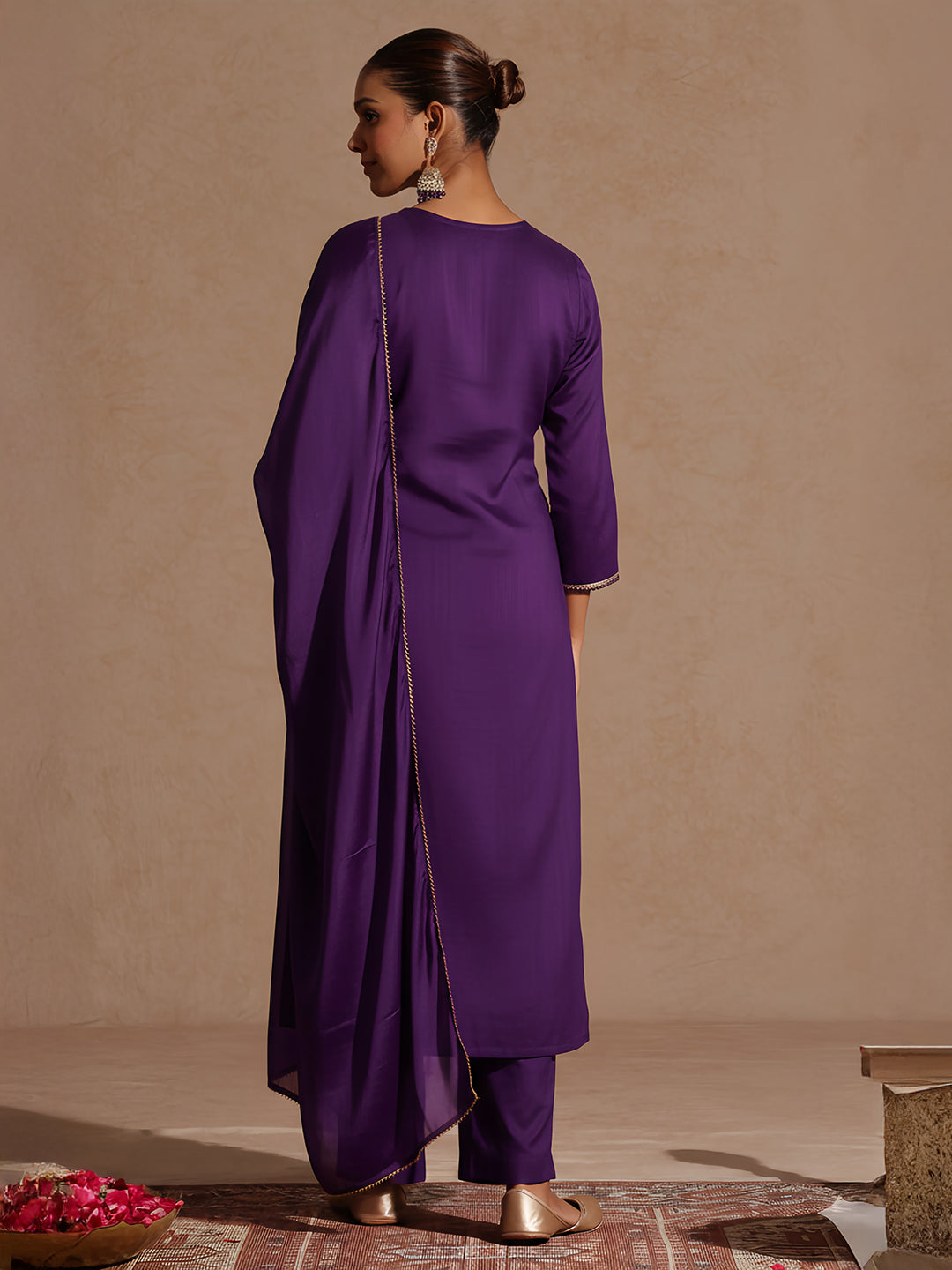 Ninnique Women's Purple Silk Blend Embroidered Straight Kurta Set
