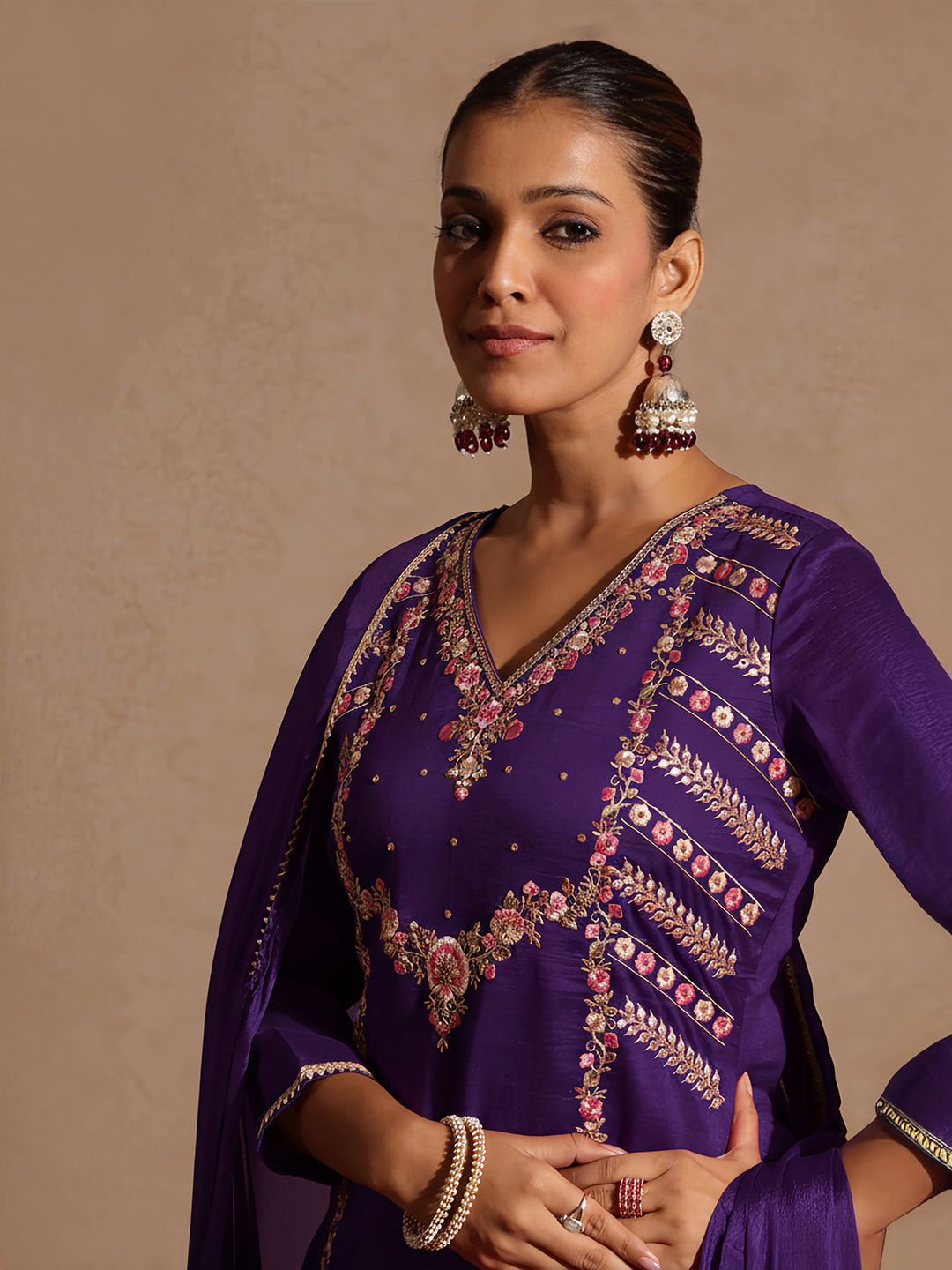 Ninnique Women's Purple Silk Blend Embroidered Straight Kurta Set