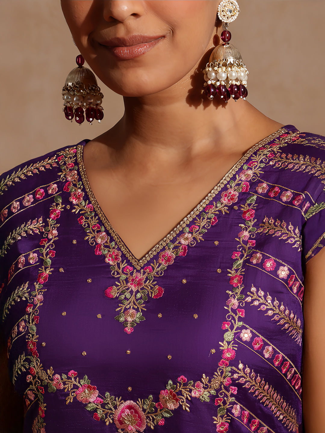 Ninnique Women's Purple Silk Blend Embroidered Straight Kurta Set