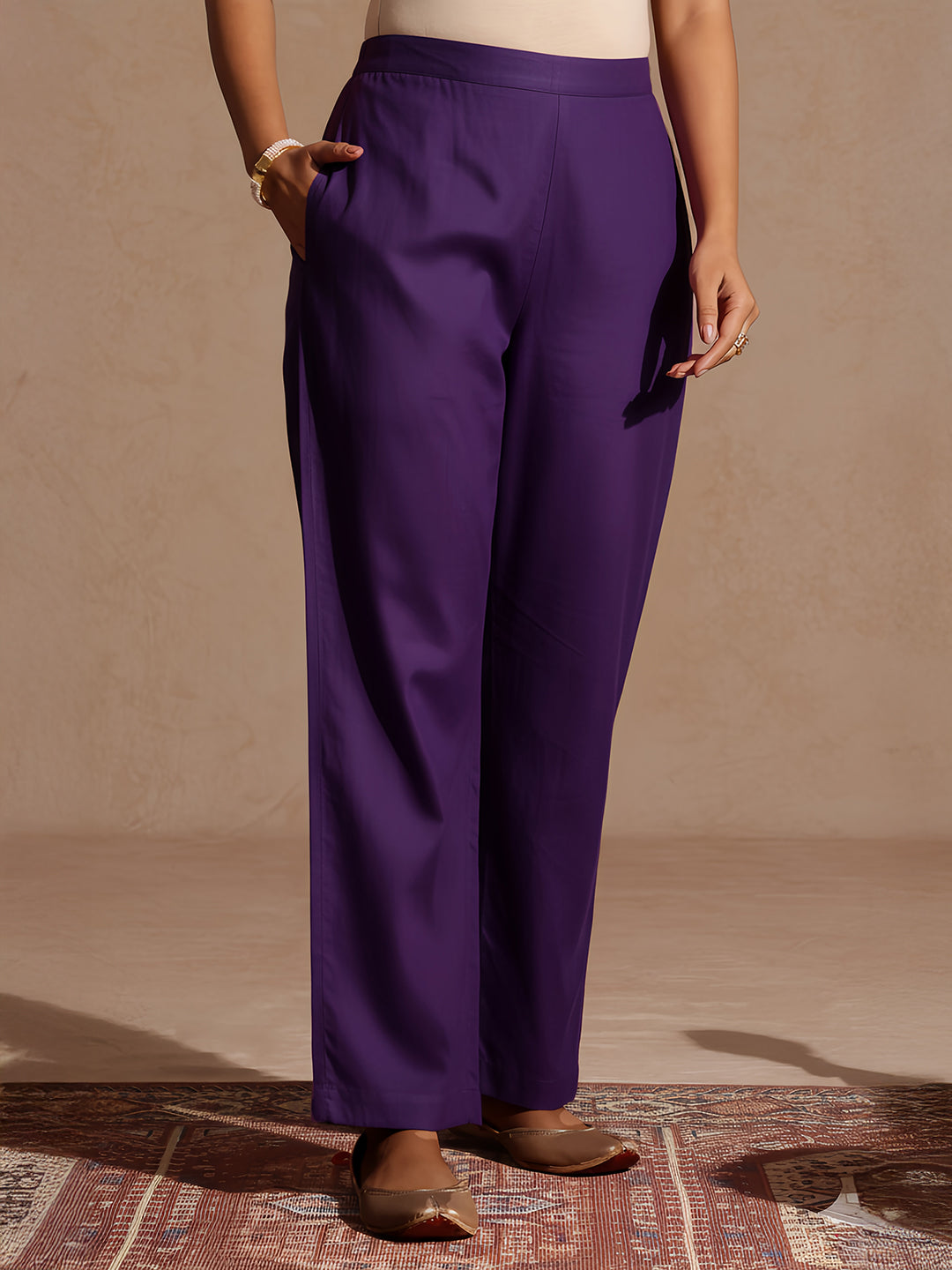 Ninnique Women's Purple Silk Blend Embroidered Straight Kurta Set
