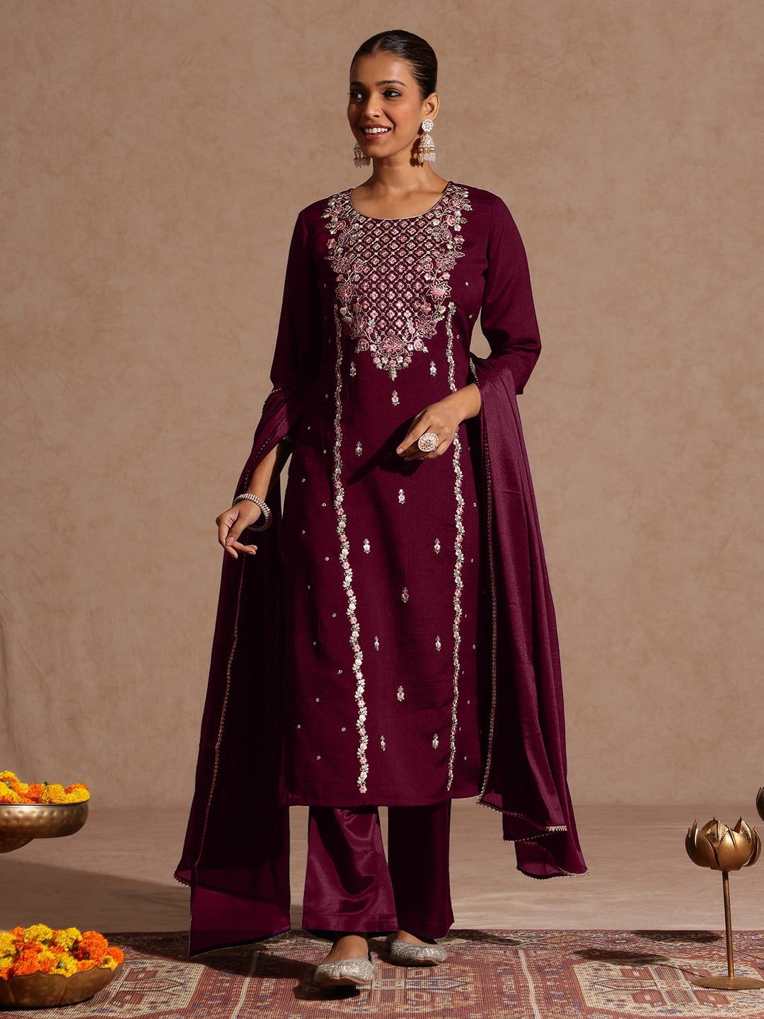 Ninnique Women's Maroon Silk Blend Embroidered Straight Kurta Set