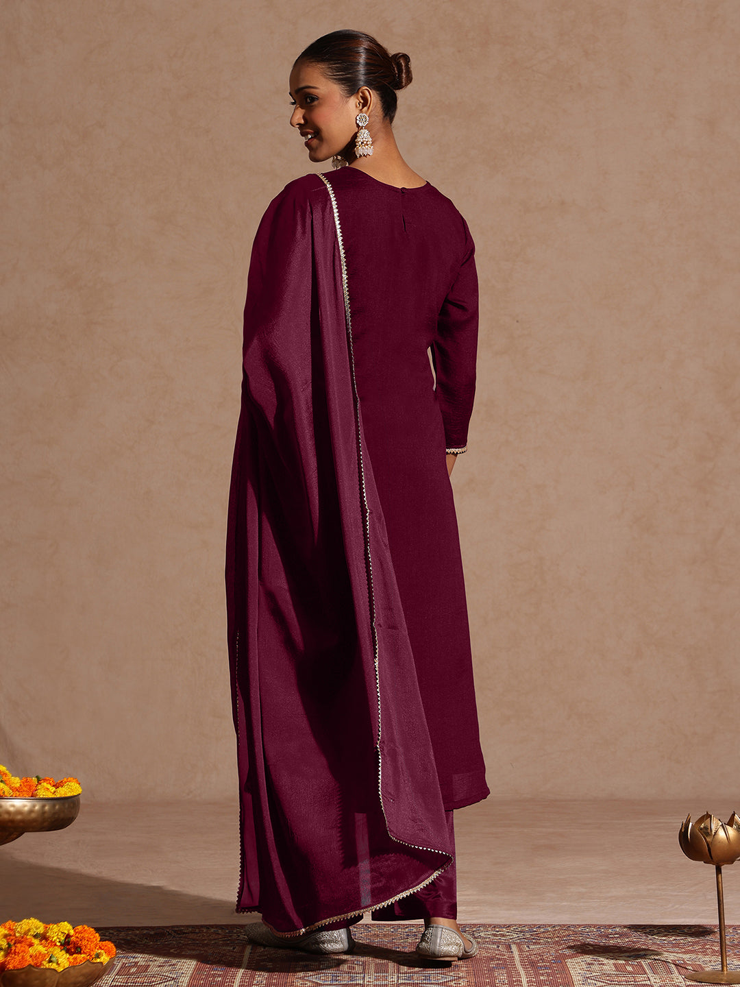 Ninnique Women's Maroon Silk Blend Embroidered Straight Kurta Set