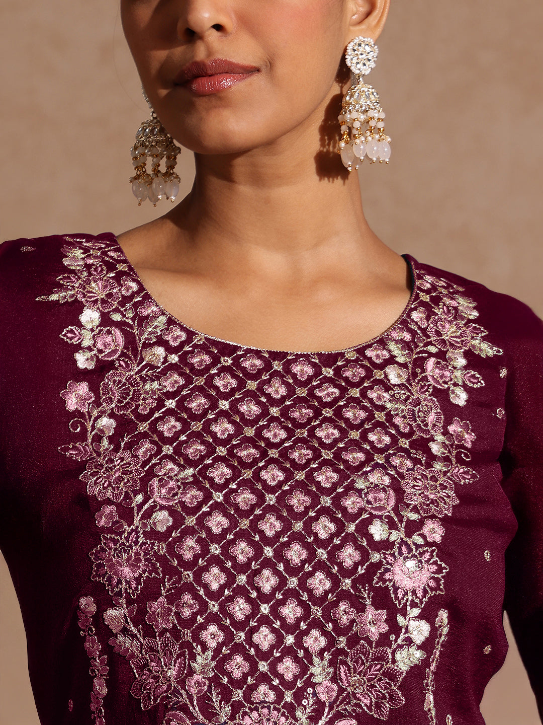 Ninnique Women's Maroon Silk Blend Embroidered Straight Kurta Set