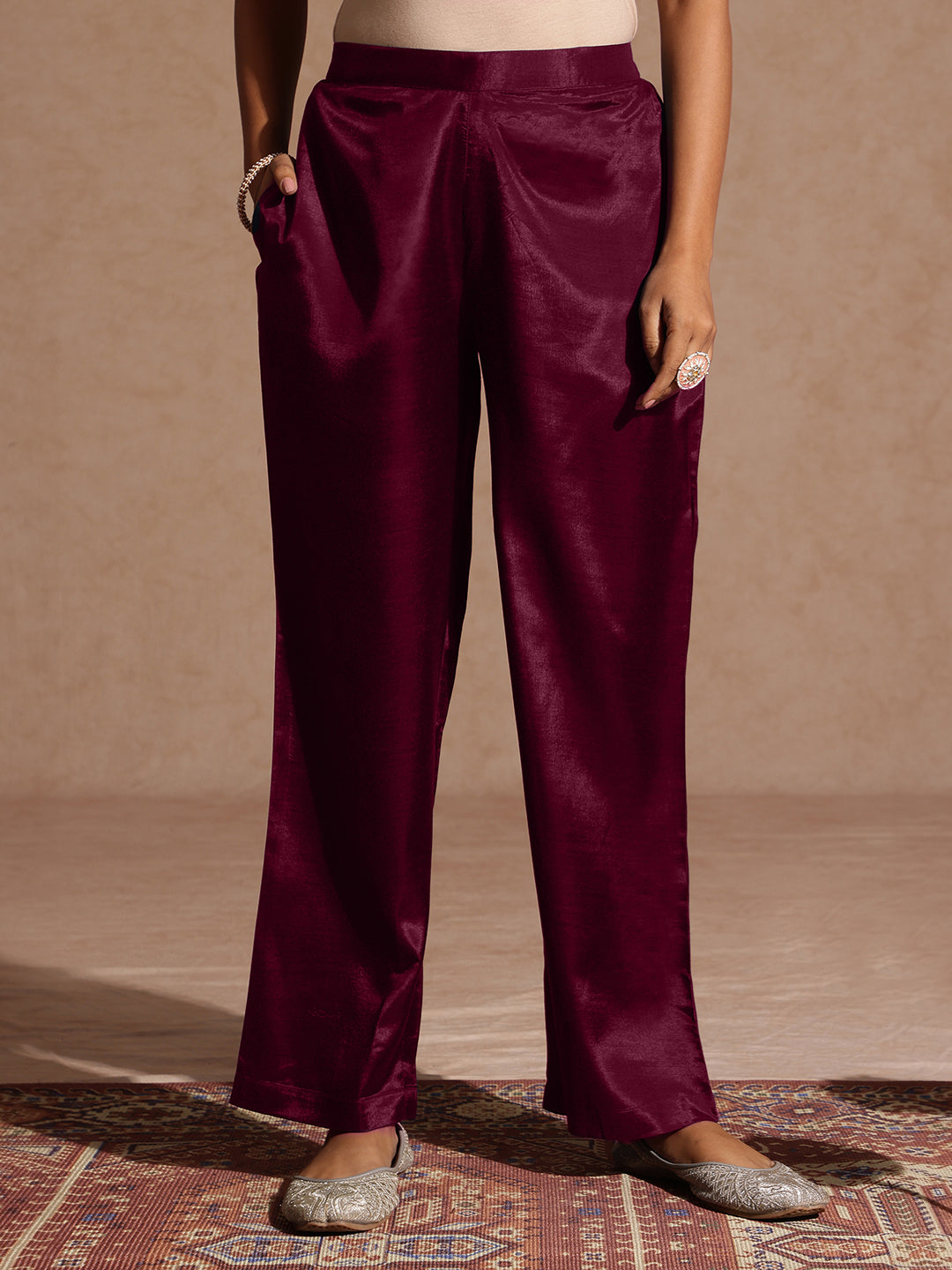 Ninnique Women's Maroon Silk Blend Embroidered Straight Kurta Set