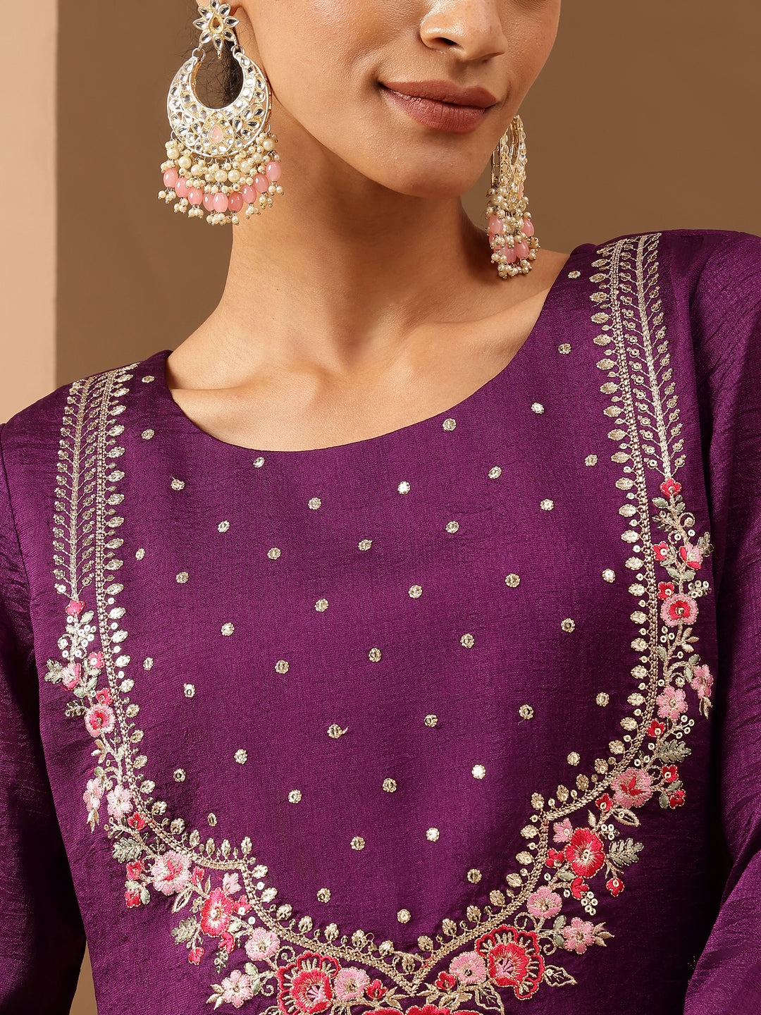 Ninnique Women's Purple Silk Blend Zari Embroidered Straight Kurta Set