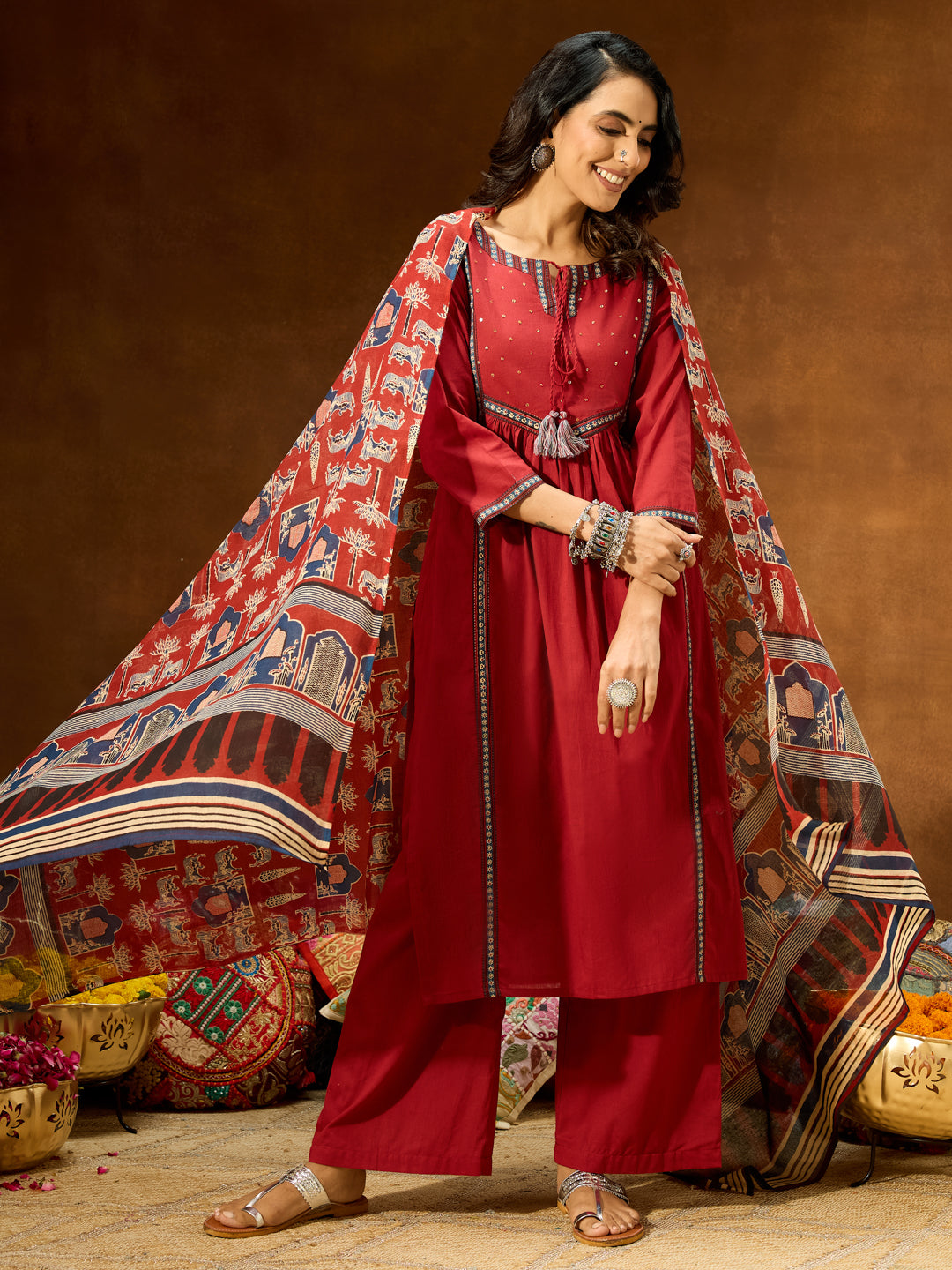 Ninnique Women's Maroon Pure Cotton Embellished Straight Kurta With Palazzo & Dupatta Set