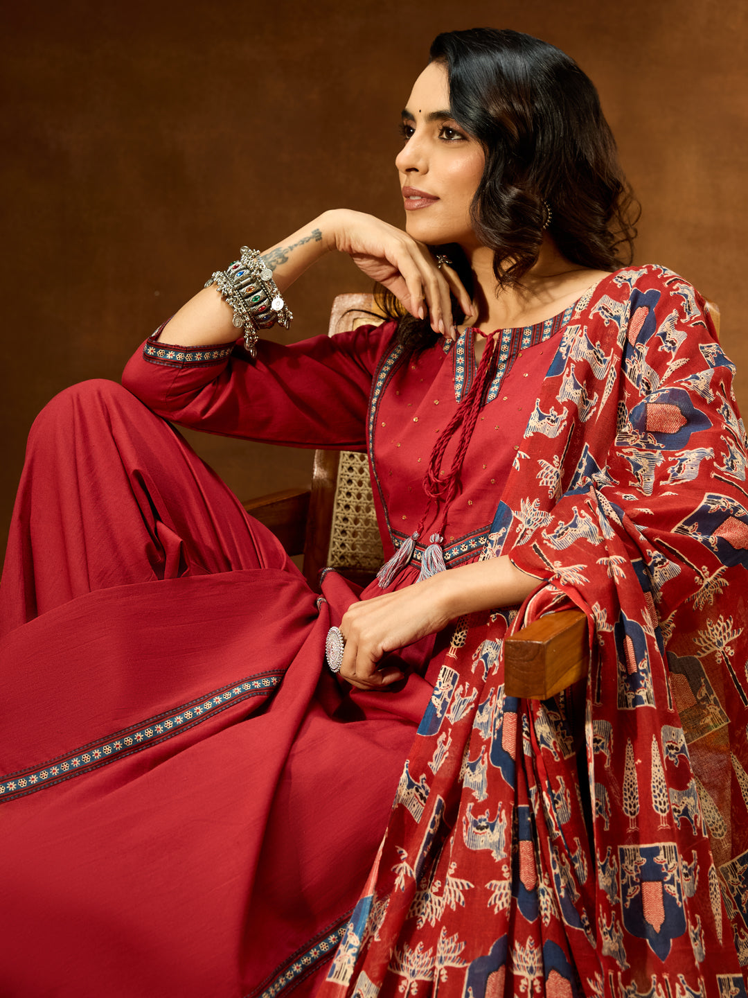 Ninnique Women's Maroon Pure Cotton Embellished Straight Kurta With Palazzo & Dupatta Set