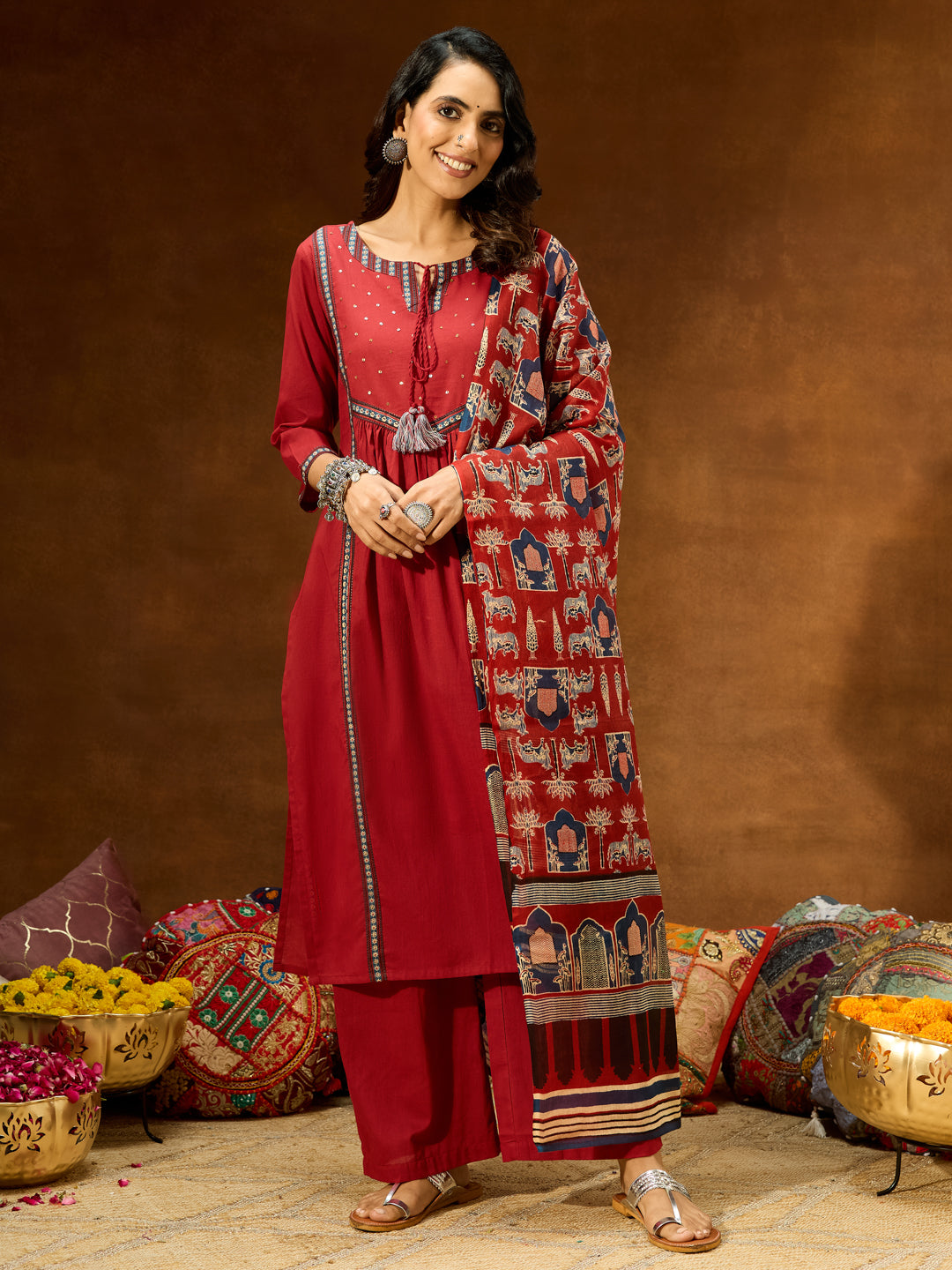 Ninnique Women's Maroon Pure Cotton Embellished Straight Kurta With Palazzo & Dupatta Set