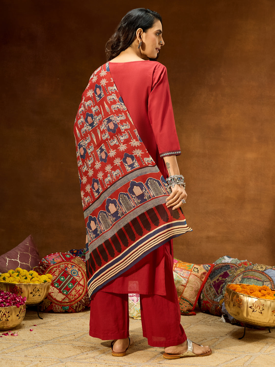 Ninnique Women's Maroon Pure Cotton Embellished Straight Kurta With Palazzo & Dupatta Set