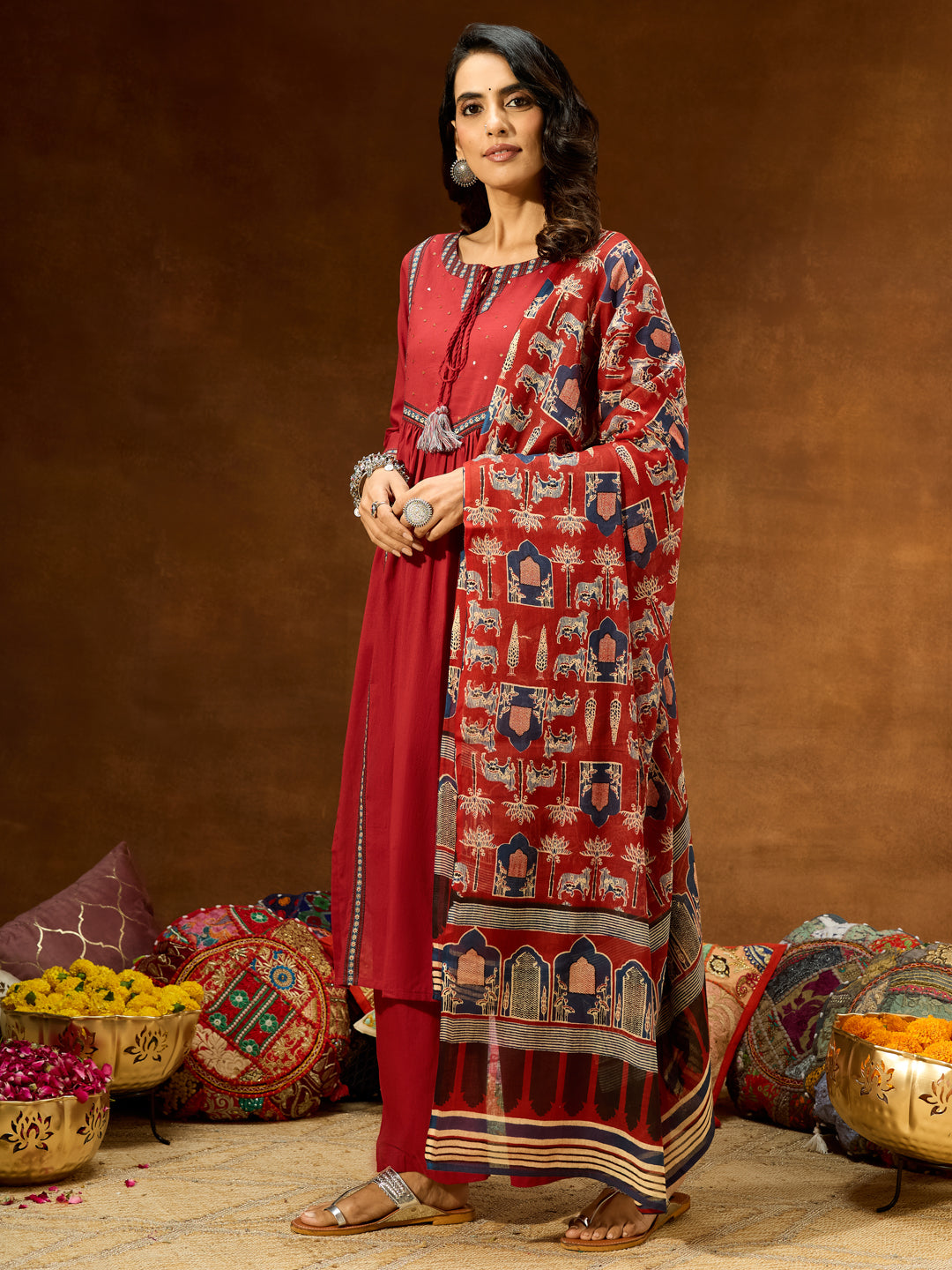 Ninnique Women's Maroon Pure Cotton Embellished Straight Kurta With Palazzo & Dupatta Set