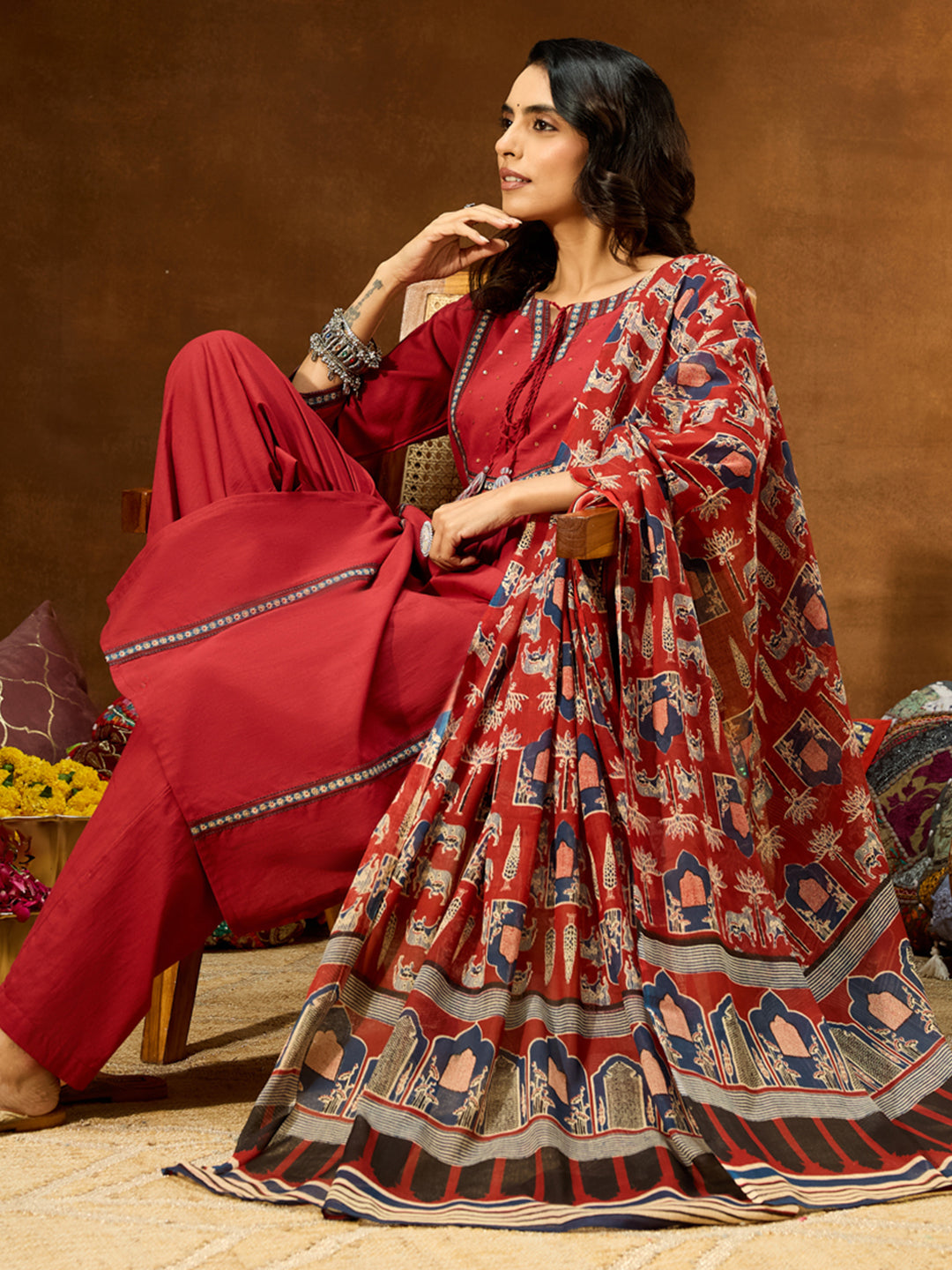 Ninnique Women's Maroon Pure Cotton Embellished Straight Kurta With Palazzo & Dupatta Set