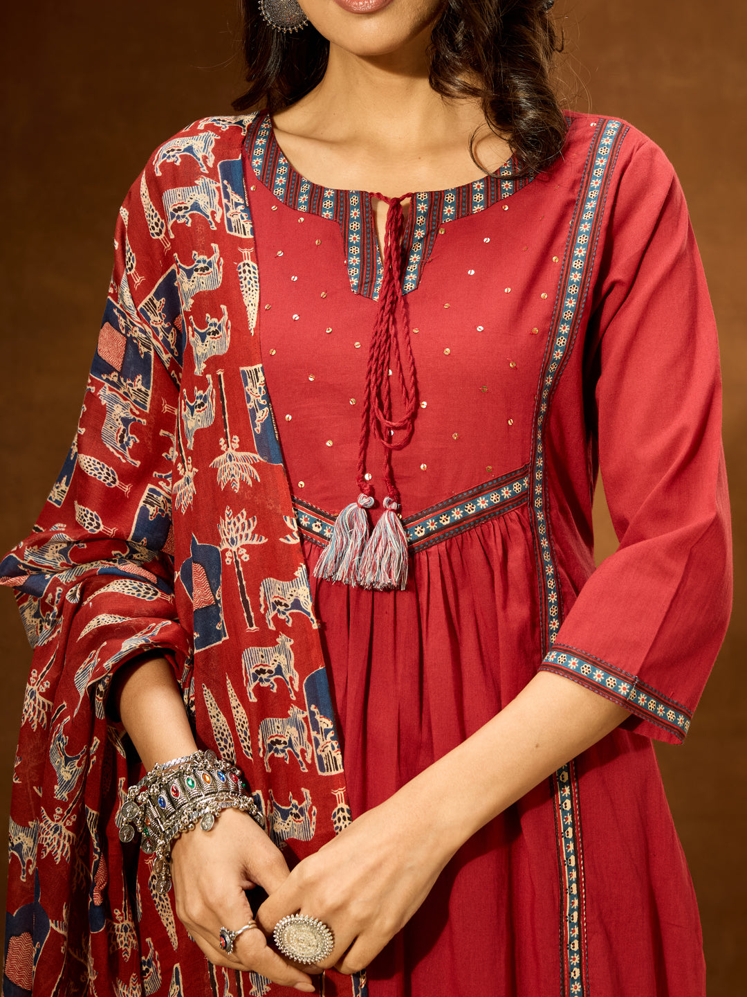 Ninnique Women's Maroon Pure Cotton Embellished Straight Kurta With Palazzo & Dupatta Set