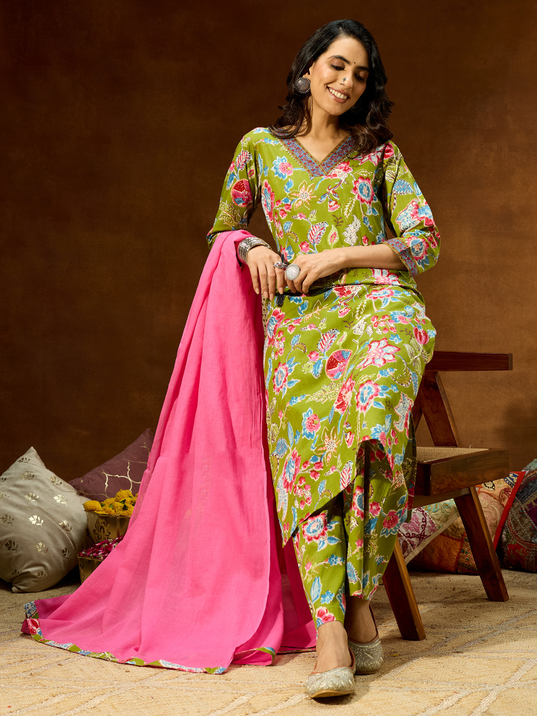 Ninnique Women's Green Pure Cotton Floral Printed Kurta With Palazzo & Dupatta Set