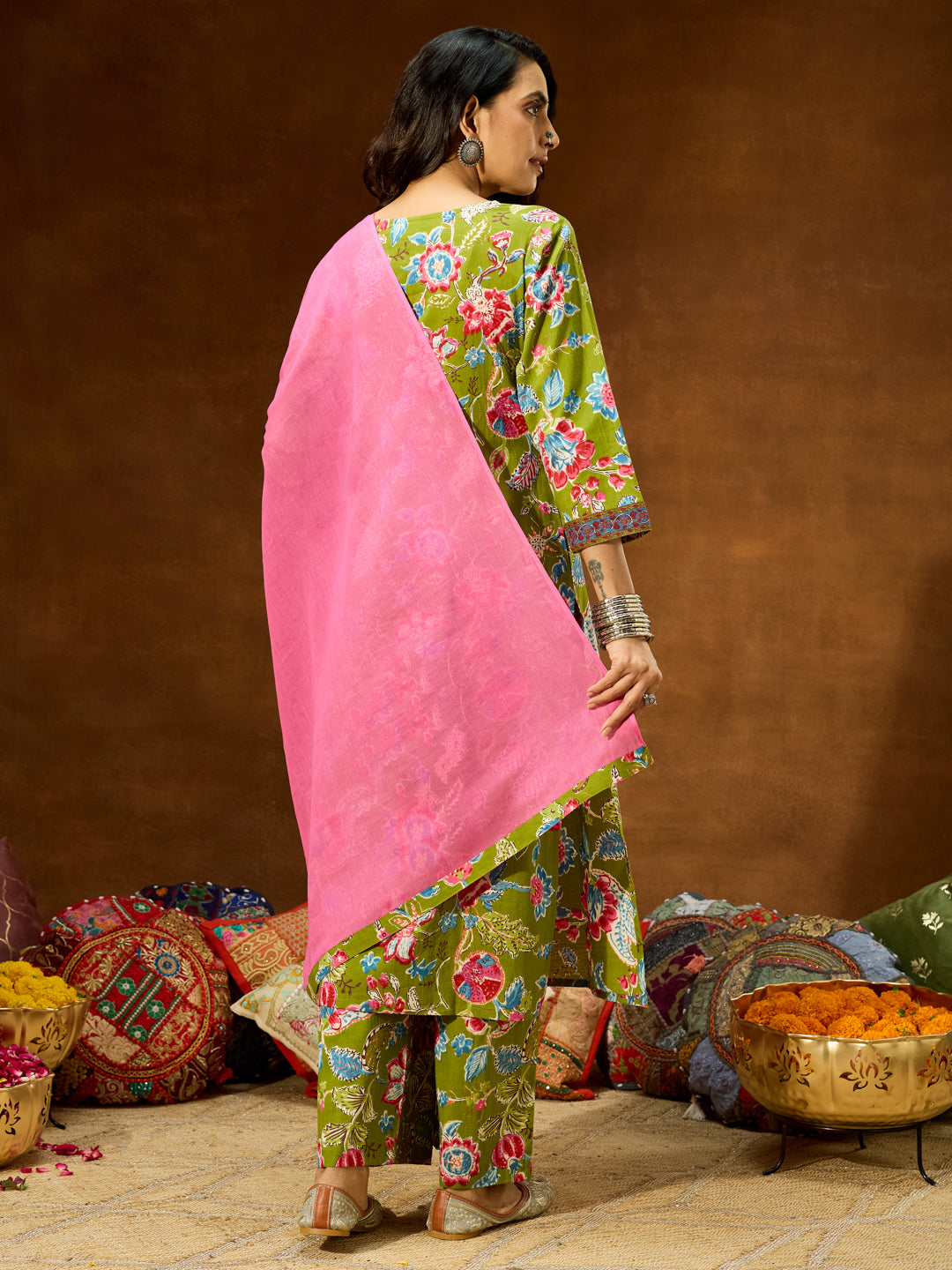 Ninnique Women's Green Pure Cotton Floral Printed Kurta With Palazzo & Dupatta Set