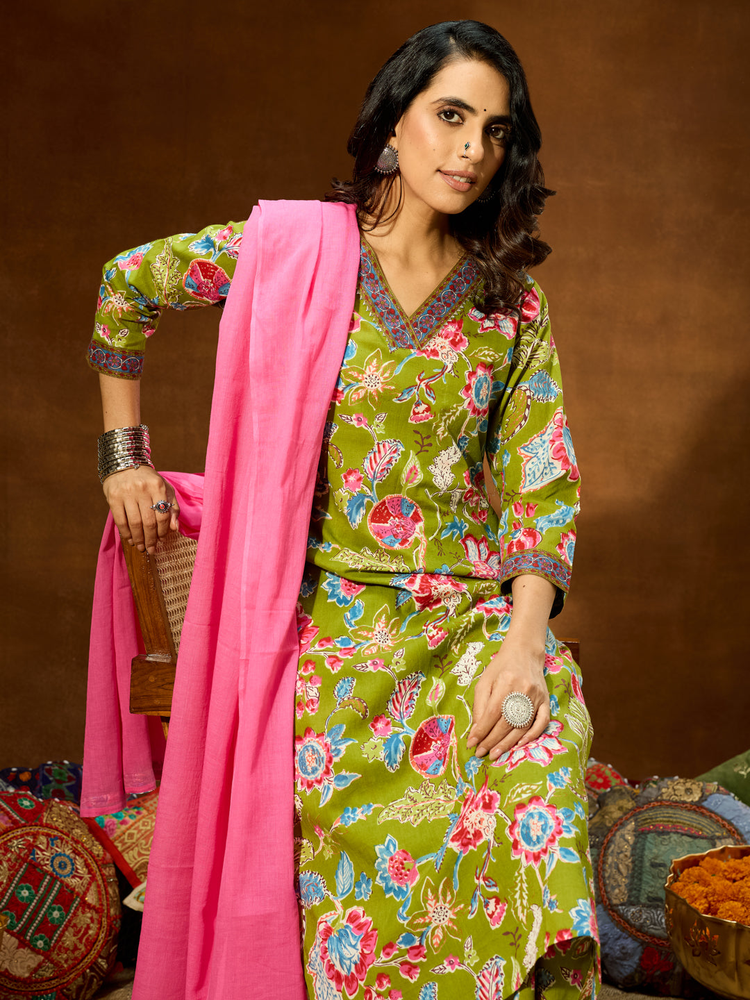 Ninnique Women's Green Pure Cotton Floral Printed Kurta With Palazzo & Dupatta Set