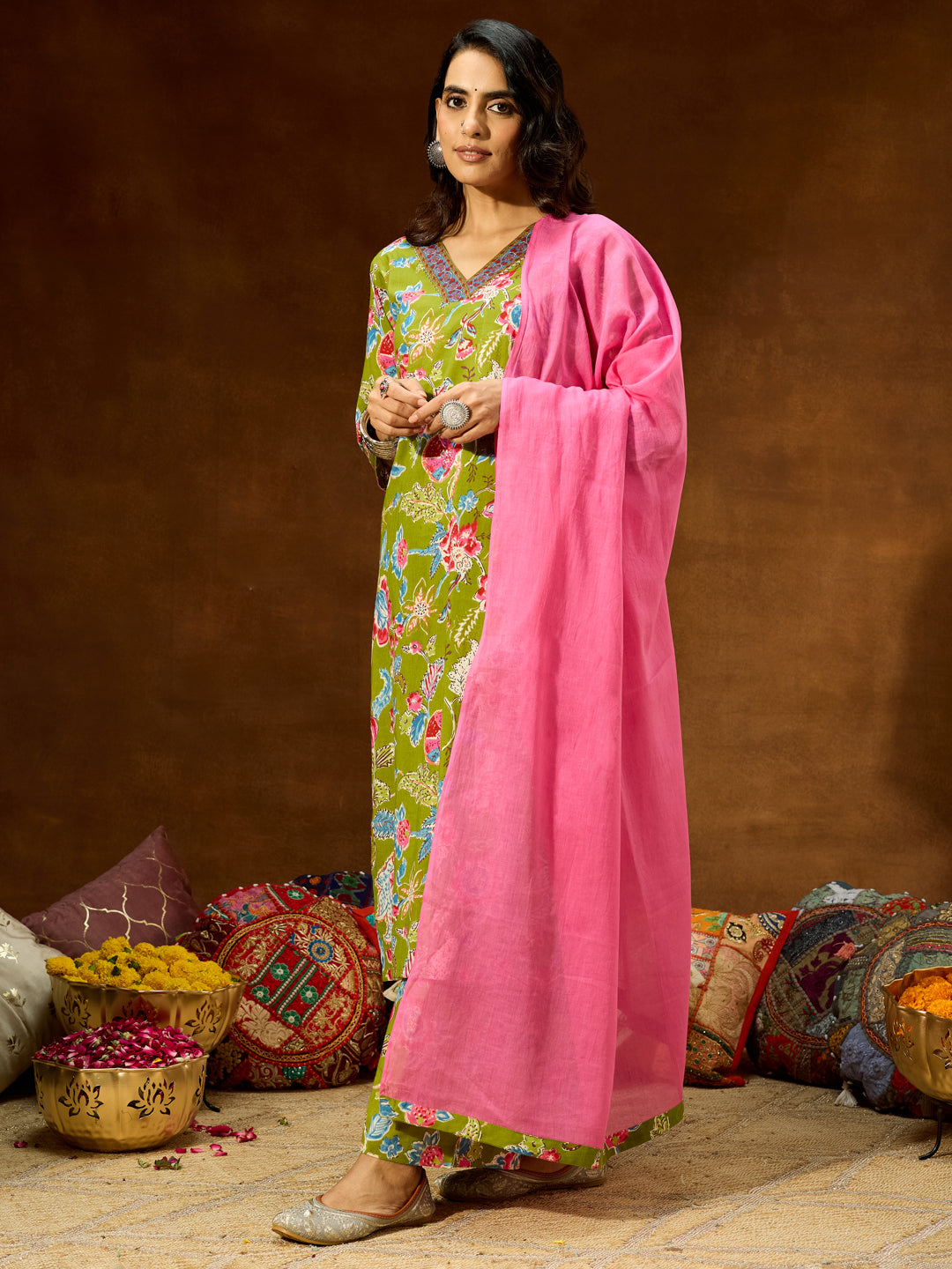 Ninnique Women's Green Pure Cotton Floral Printed Kurta With Palazzo & Dupatta Set