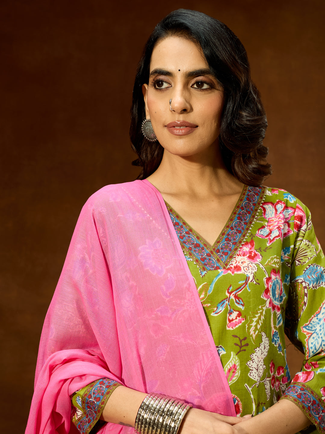 Ninnique Women's Green Pure Cotton Floral Printed Kurta With Palazzo & Dupatta Set
