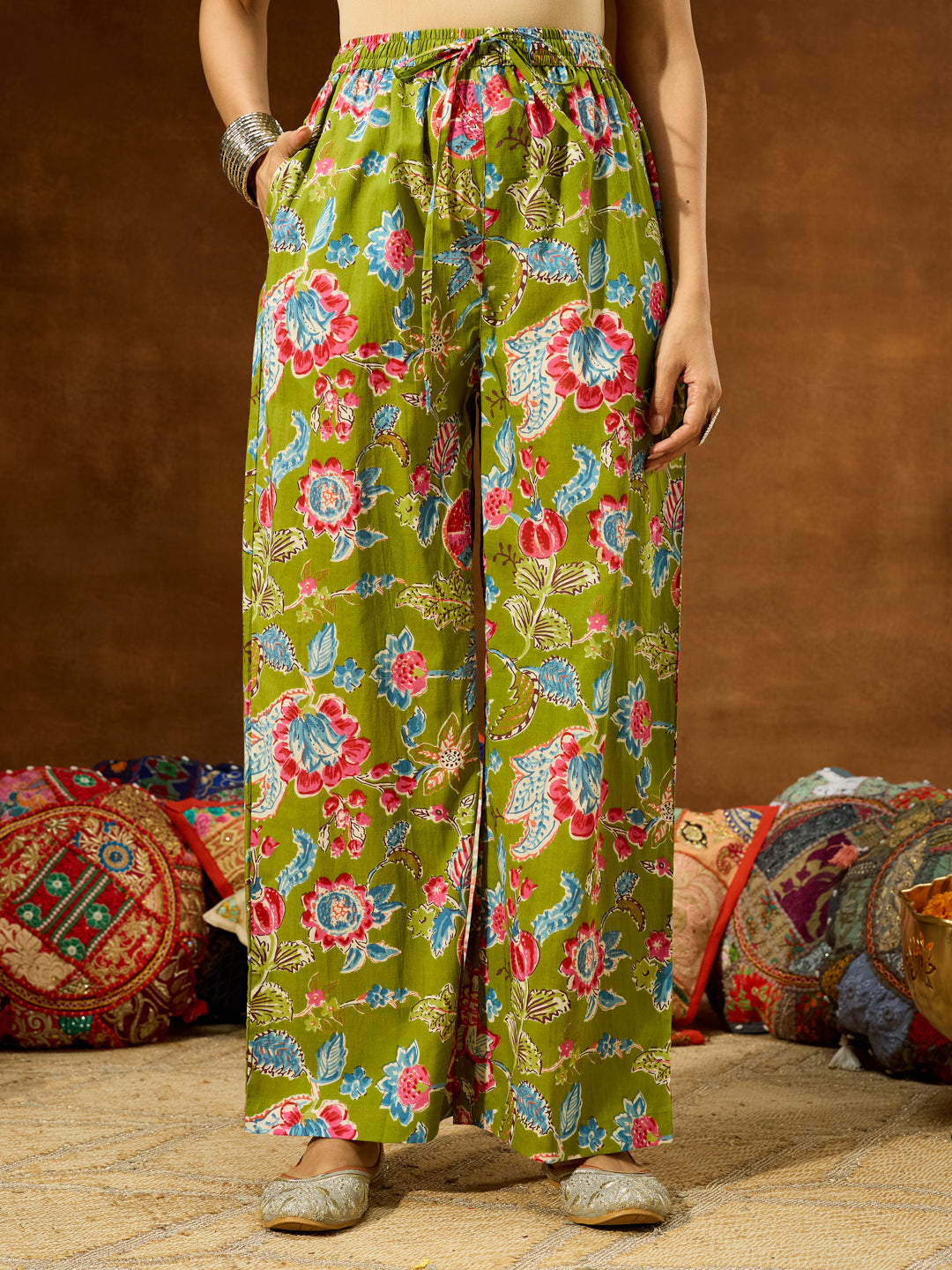 Ninnique Women's Green Pure Cotton Floral Printed Kurta With Palazzo & Dupatta Set