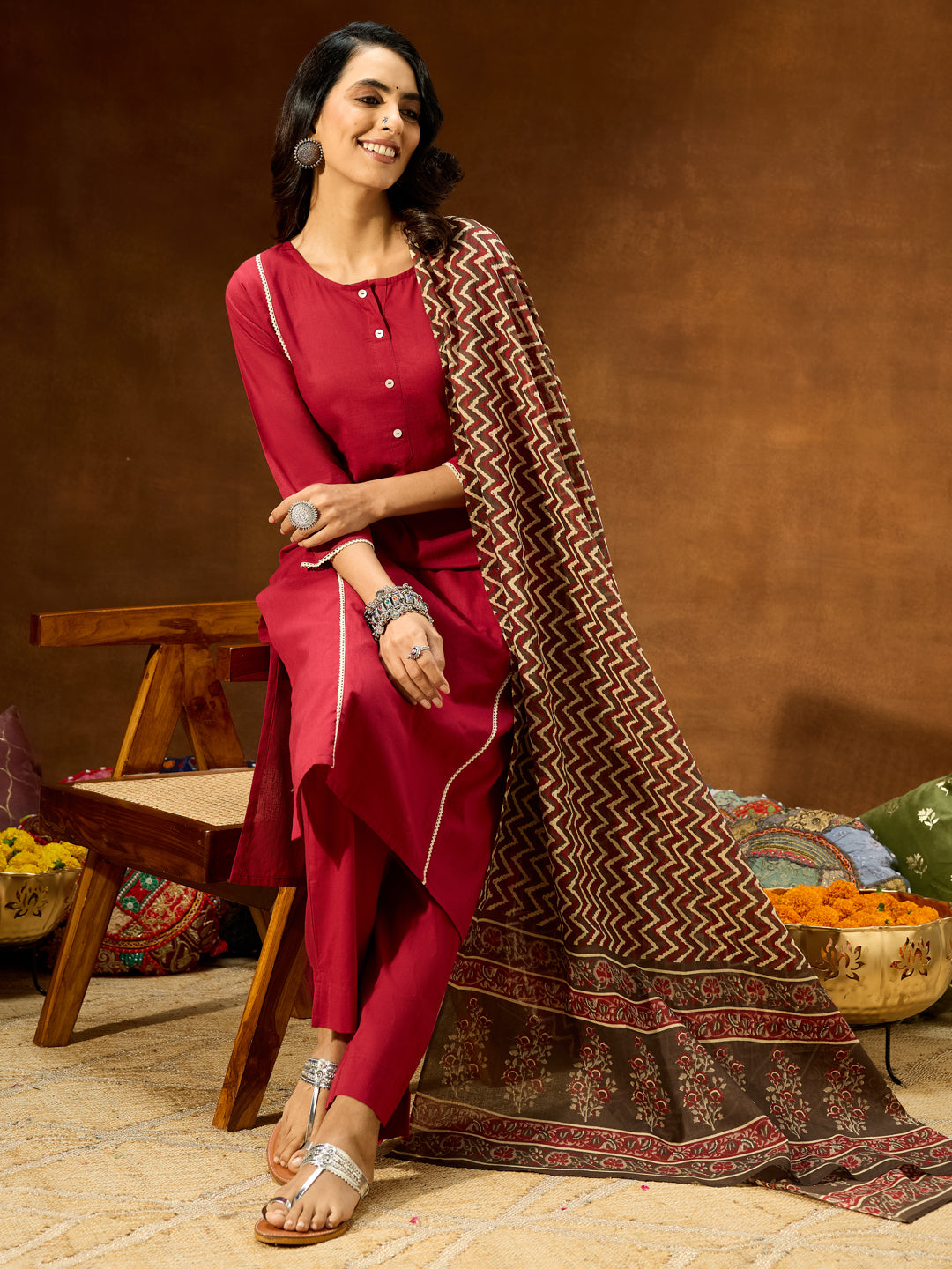 Ninnique Women's Maroon Pure Cotton Solid Straight Kurta Set With Printed Dupatta