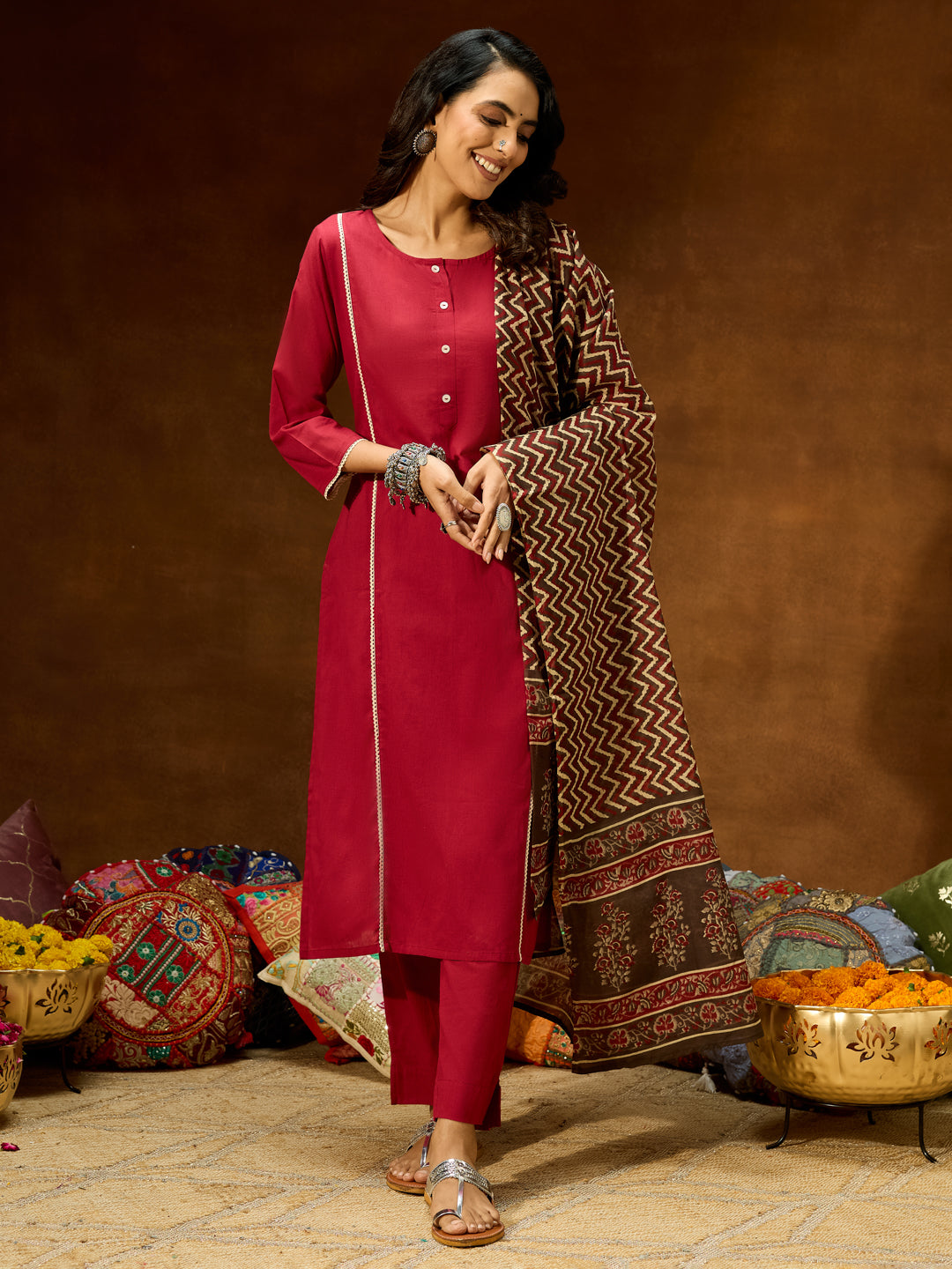 Ninnique Women's Maroon Pure Cotton Solid Straight Kurta Set With Printed Dupatta