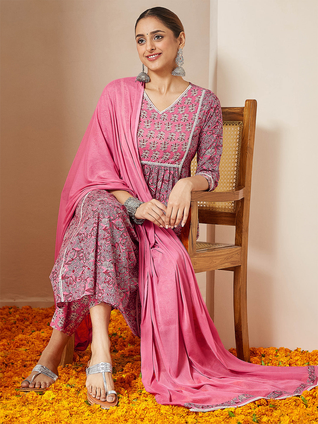 Ninnique Women's Pink Pure Cotton Floral Printed A-line Kurta Set