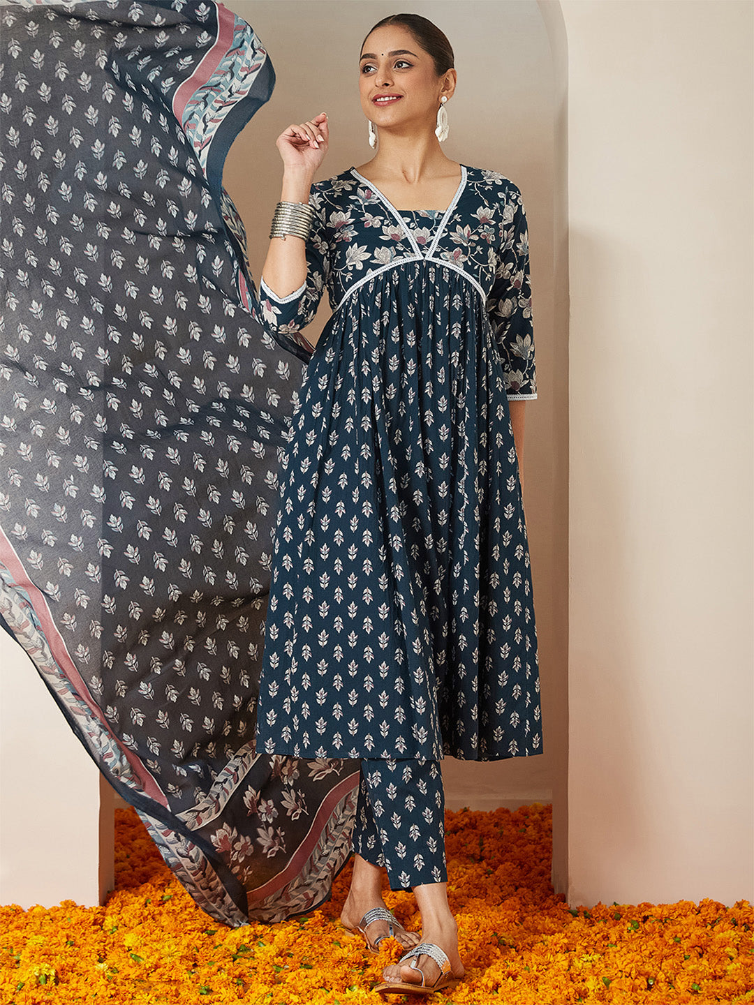 Ninnique Women's Teal Blue Pure Cotton Floral Printed A-line Kurta Set